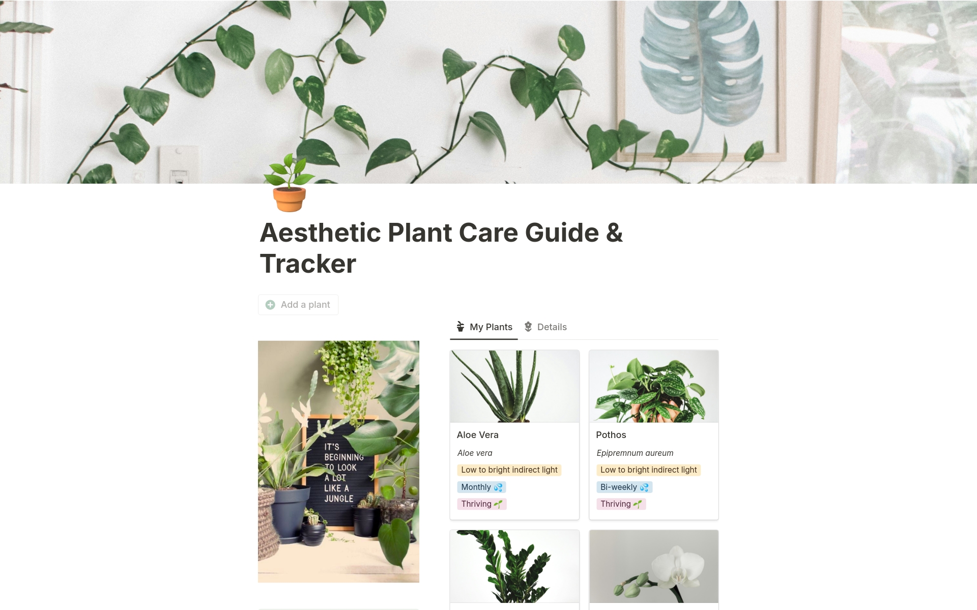 En förhandsgranskning av mallen för Aesthetic Plant Care Guide & Tracker