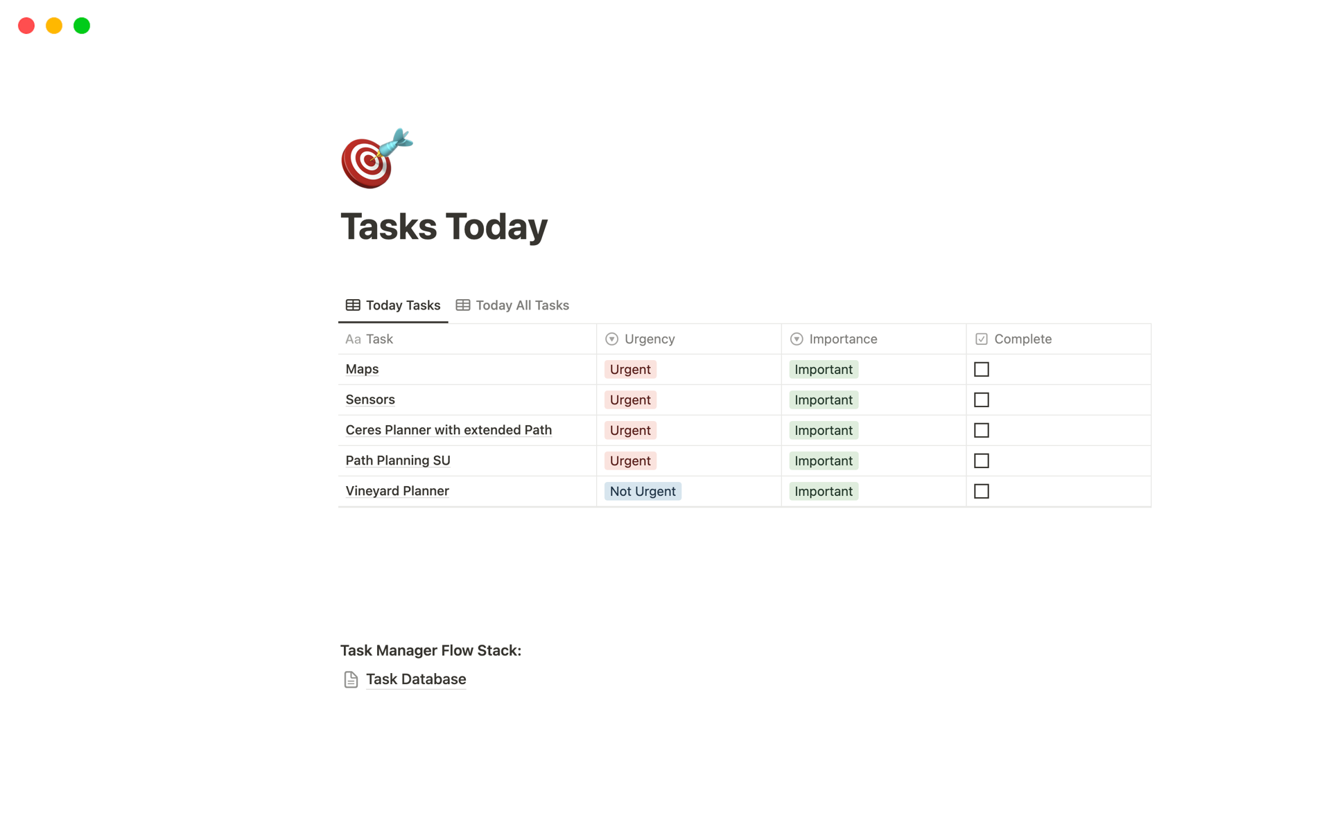 A template preview for Tasks Today ( based on Eisenhower Matrix)