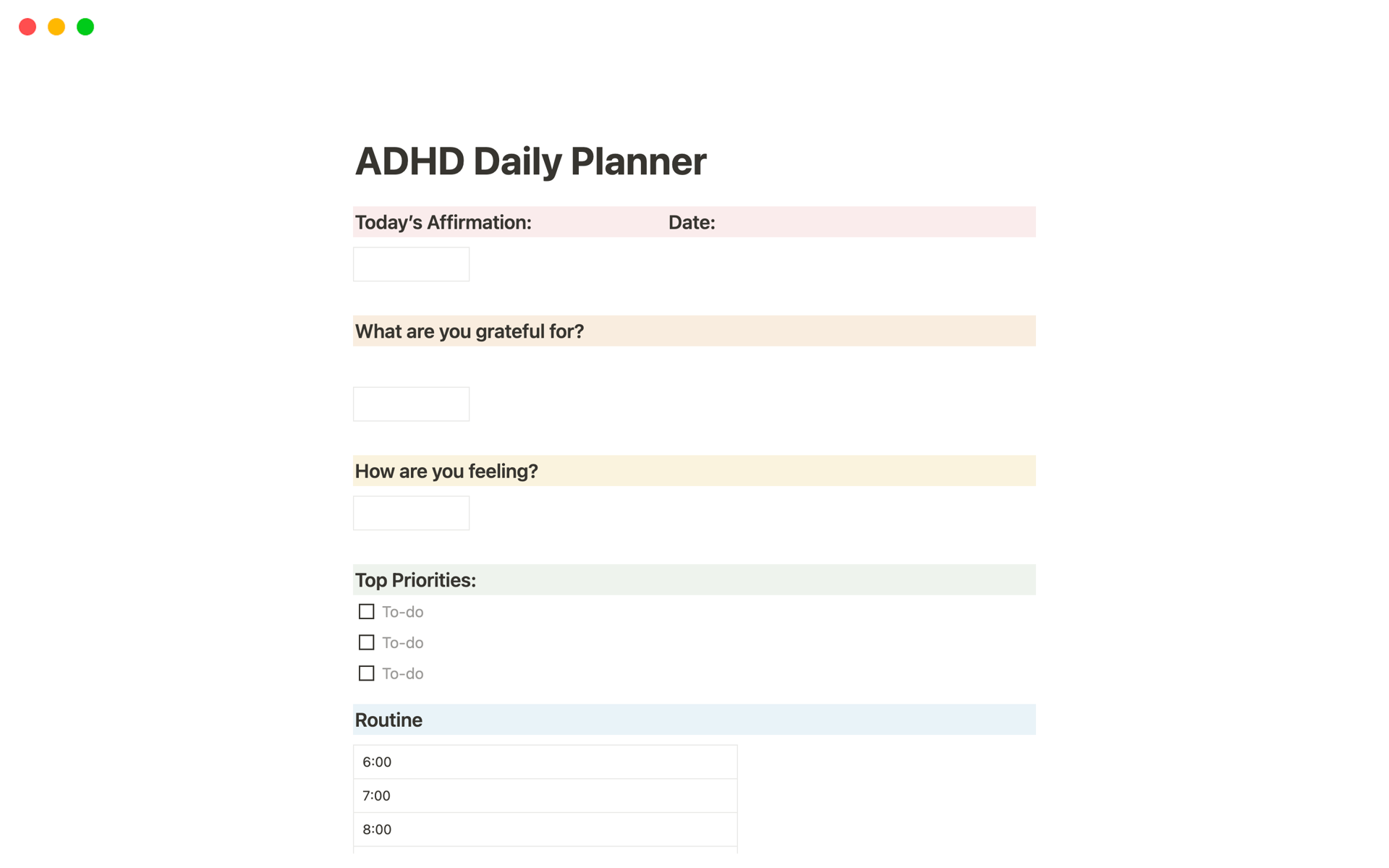 En forhåndsvisning av mal for ADHD Daily Planner