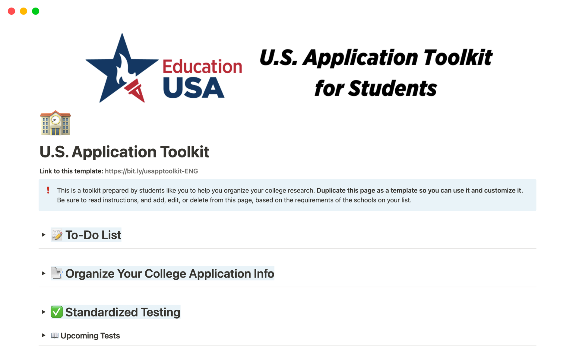 Vista previa de una plantilla para EducationUSA U.S. Application Toolkit