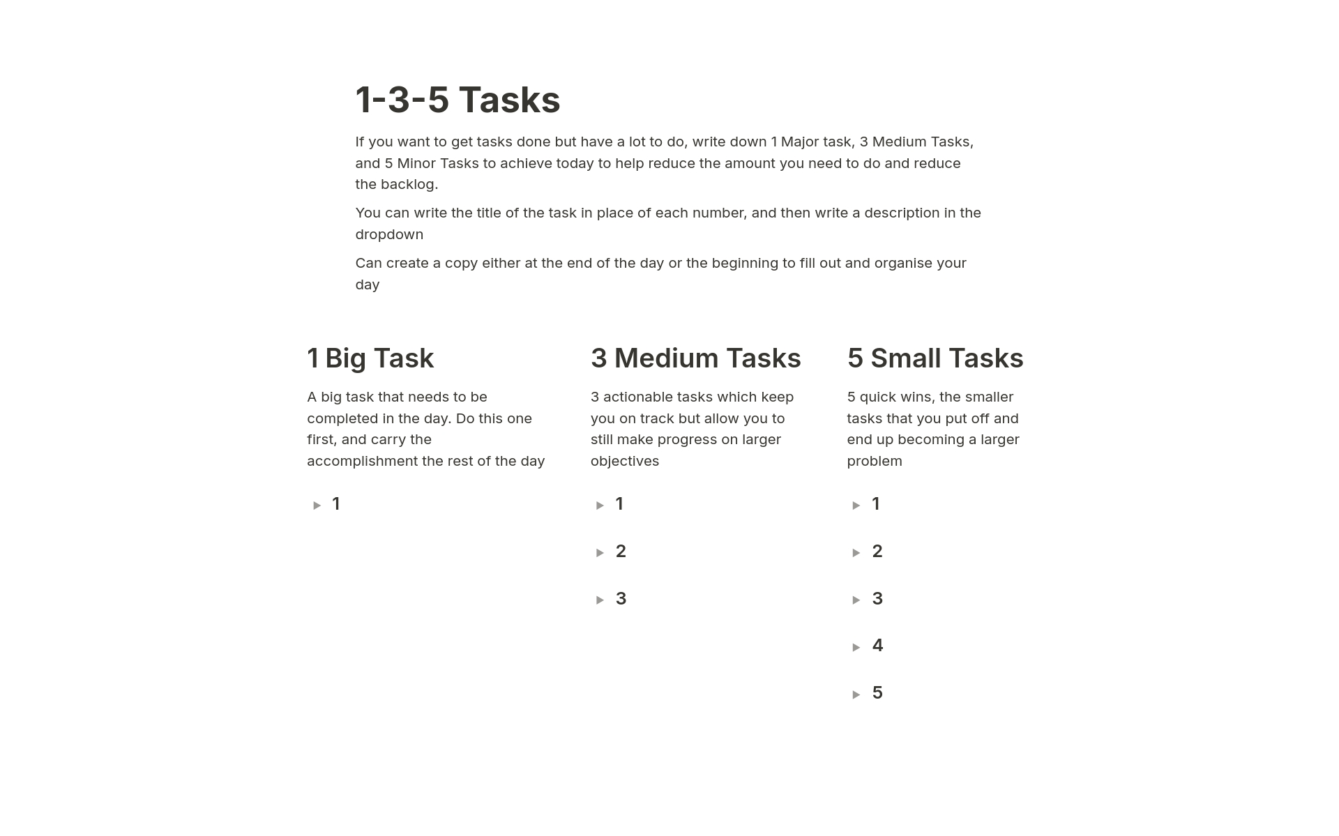 En förhandsgranskning av mallen för 1-3-5 Tasks