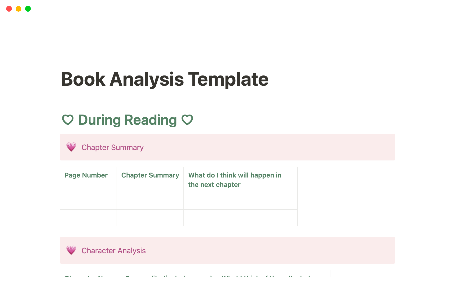 Vista previa de plantilla para Reading Log/Analysis