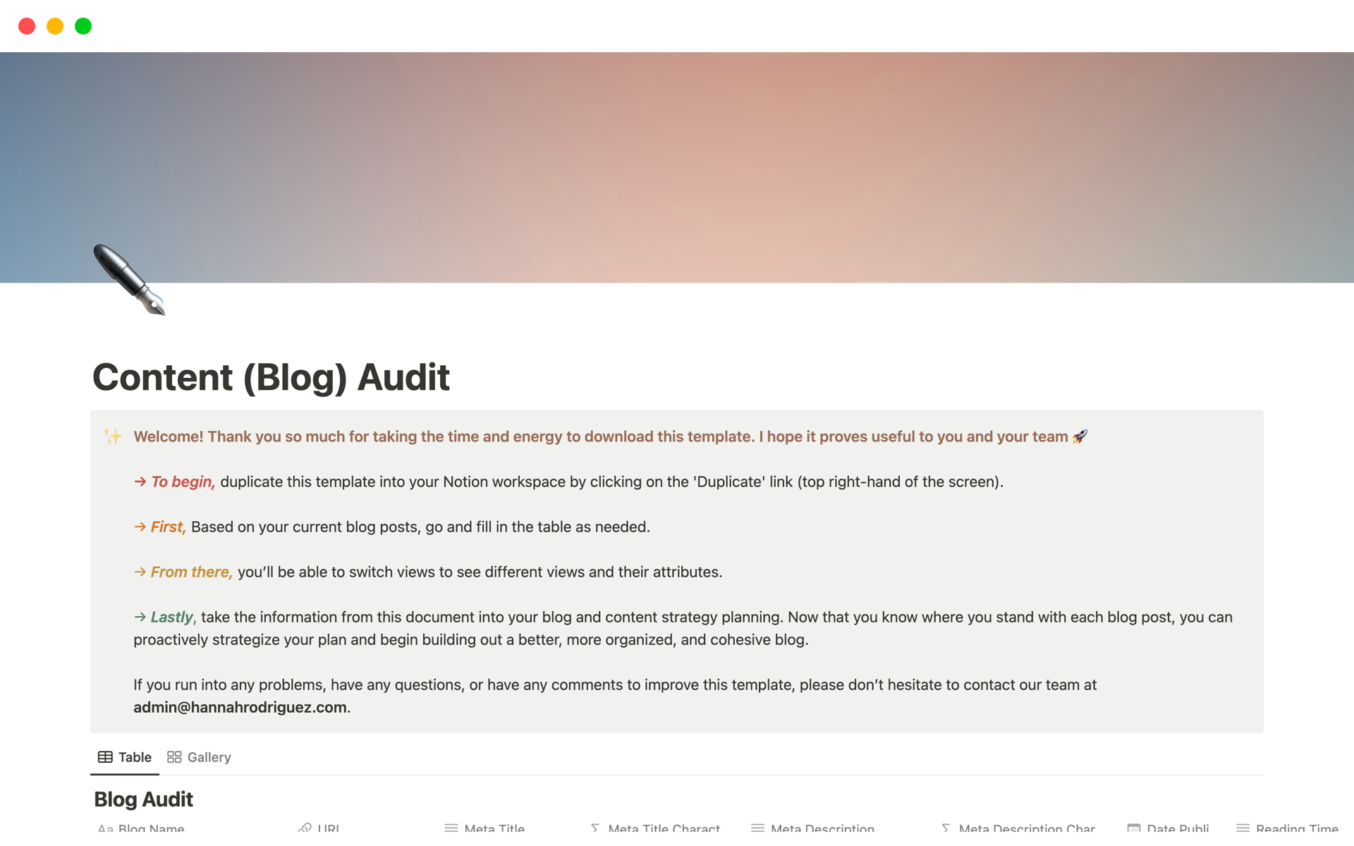 En forhåndsvisning av mal for Content (Blog) Audit