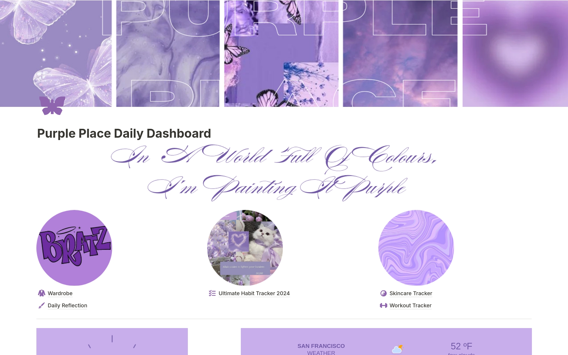 Eine Vorlagenvorschau für 'Purple Place' Daily Dashboard
