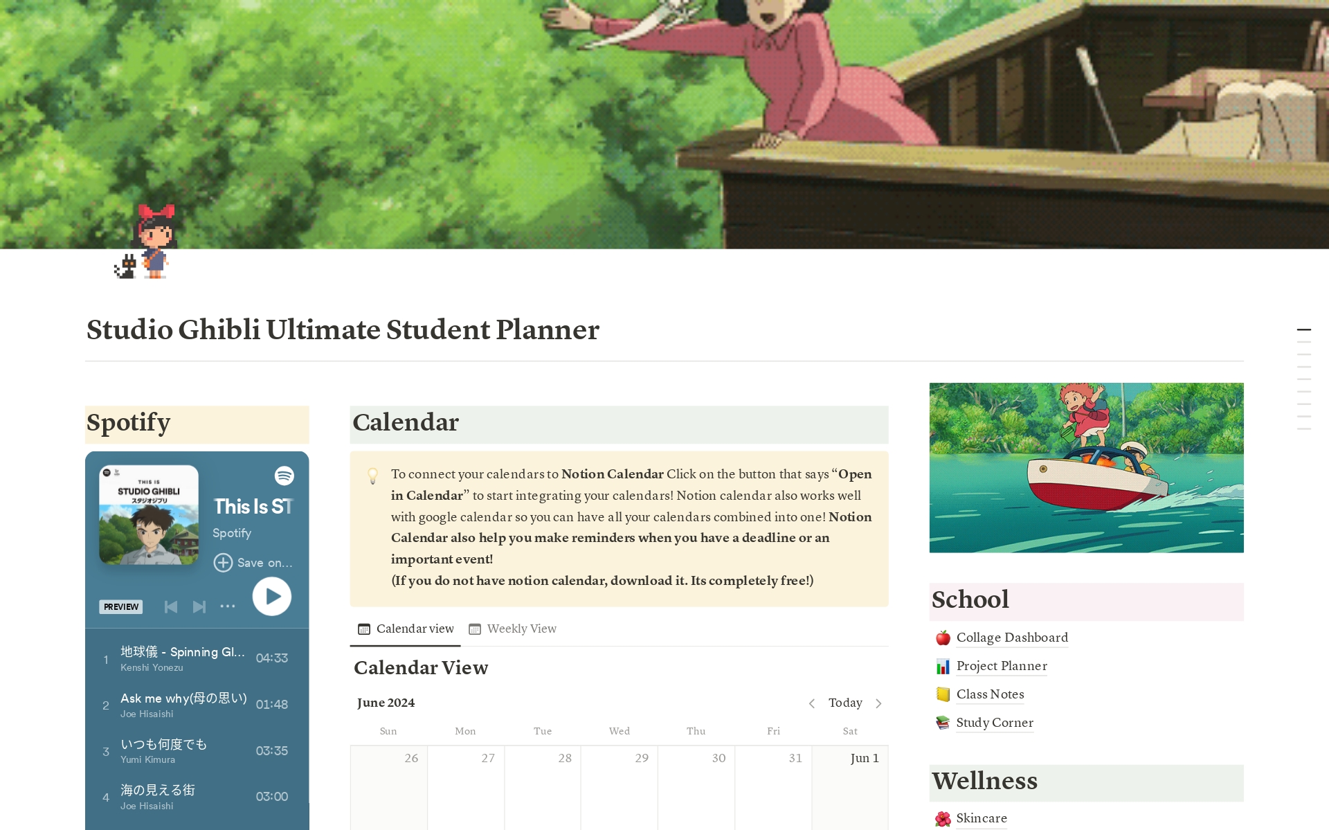 En förhandsgranskning av mallen för Studio Ghibli Ultimate Student Planner