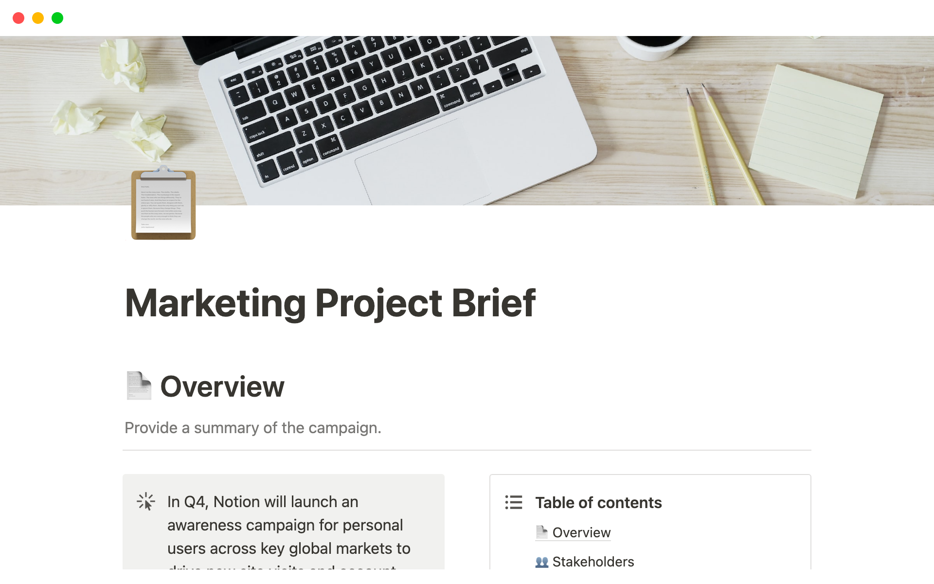 En forhåndsvisning av mal for Marketing Project Brief