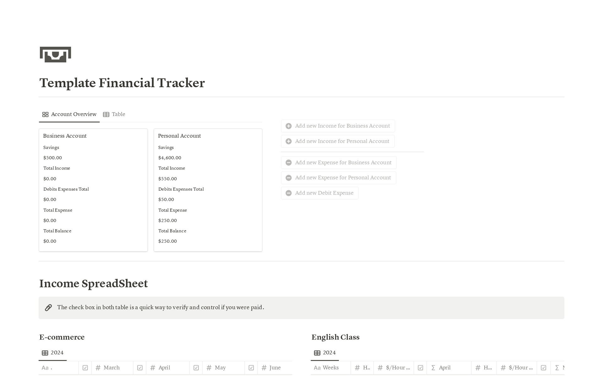 En forhåndsvisning av mal for Financial Tracker