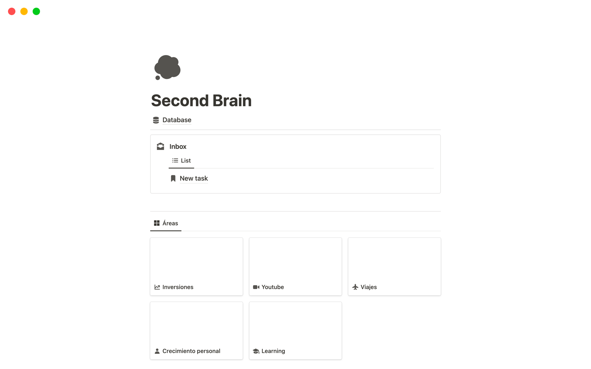 A template preview for Second Brain 
