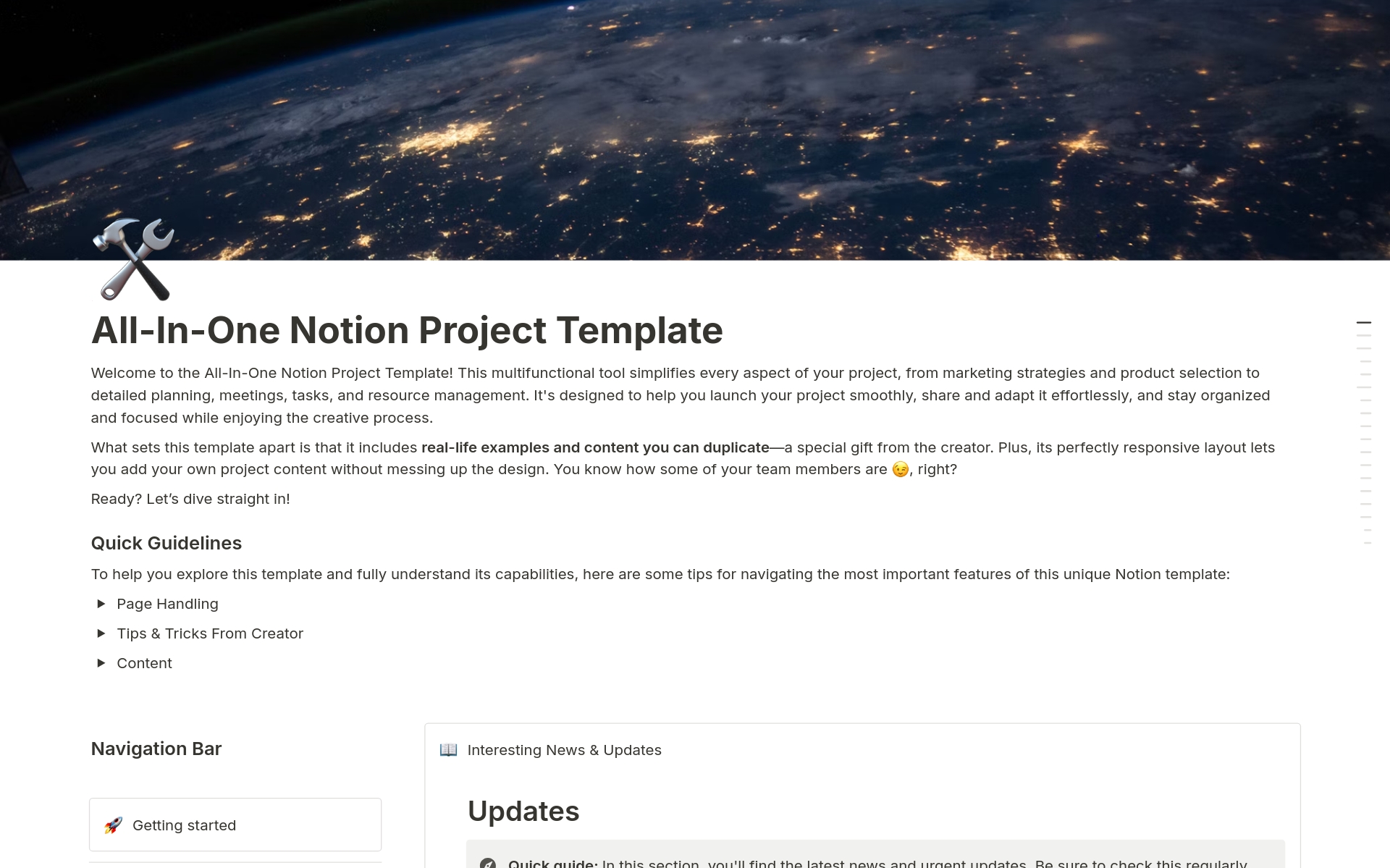 This Team Project Tool covers everything from marketing, products, meetings, and updates to a brainstorming page and more! This template can be used by a team of professionals or perfectly by a pair of friends (that's what the creator did). Enjoy, and have fun!