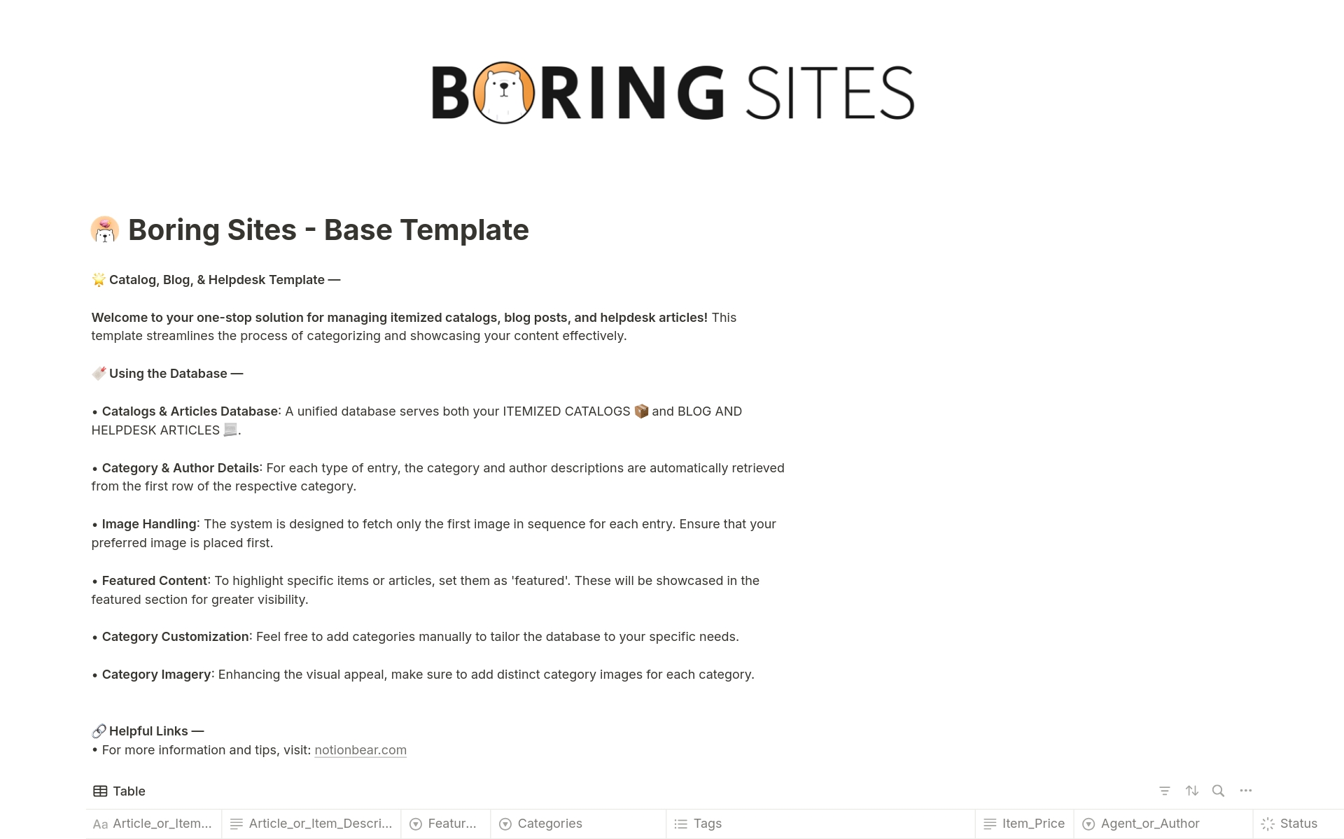 En forhåndsvisning av mal for Boring Sites 