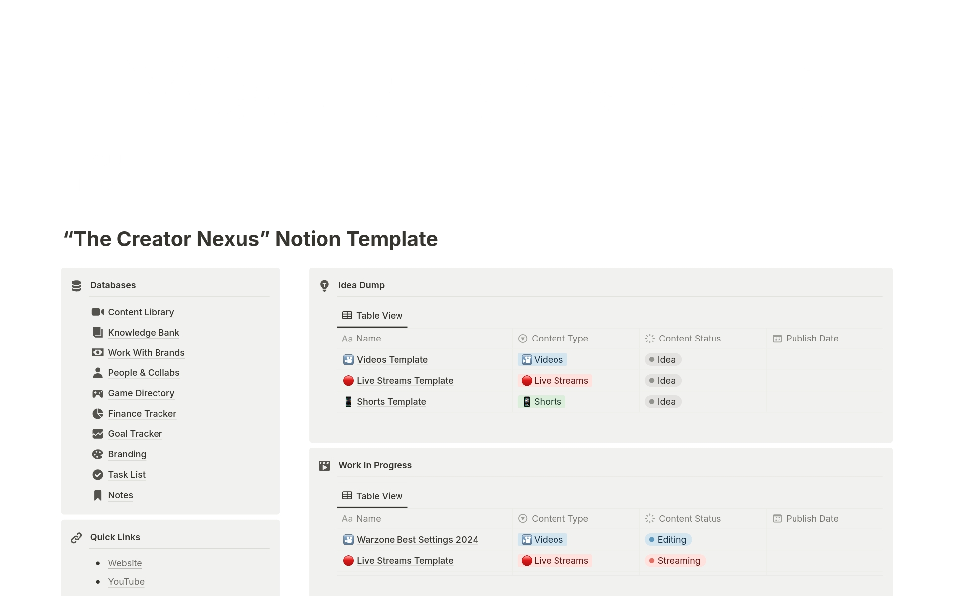 "The Creator Nexus" Notion Template simplifies the creative workflow for content creators. Instead of rushing to produce more content or posting everywhere, it encourages you to create an organized system.