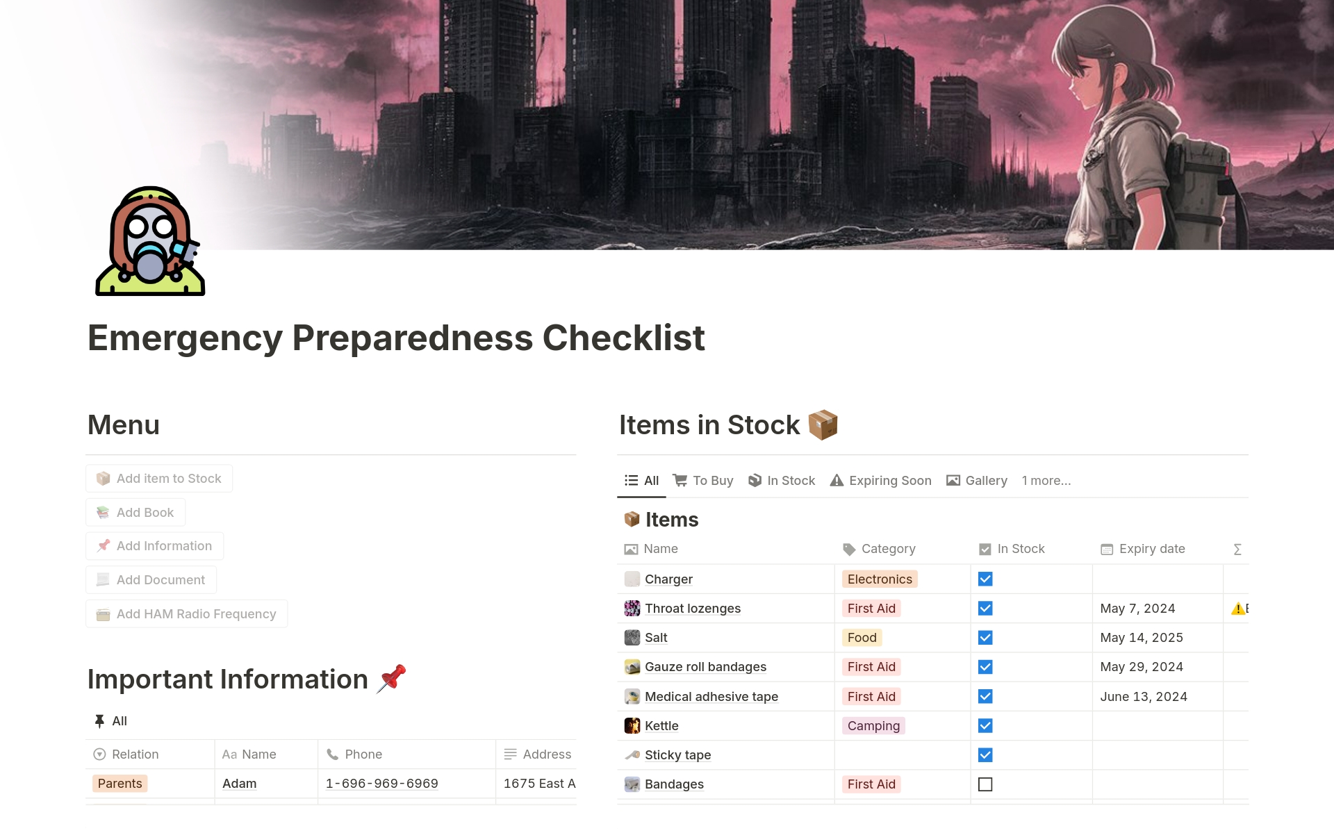 En forhåndsvisning av mal for Emergency Preparedness Checklist