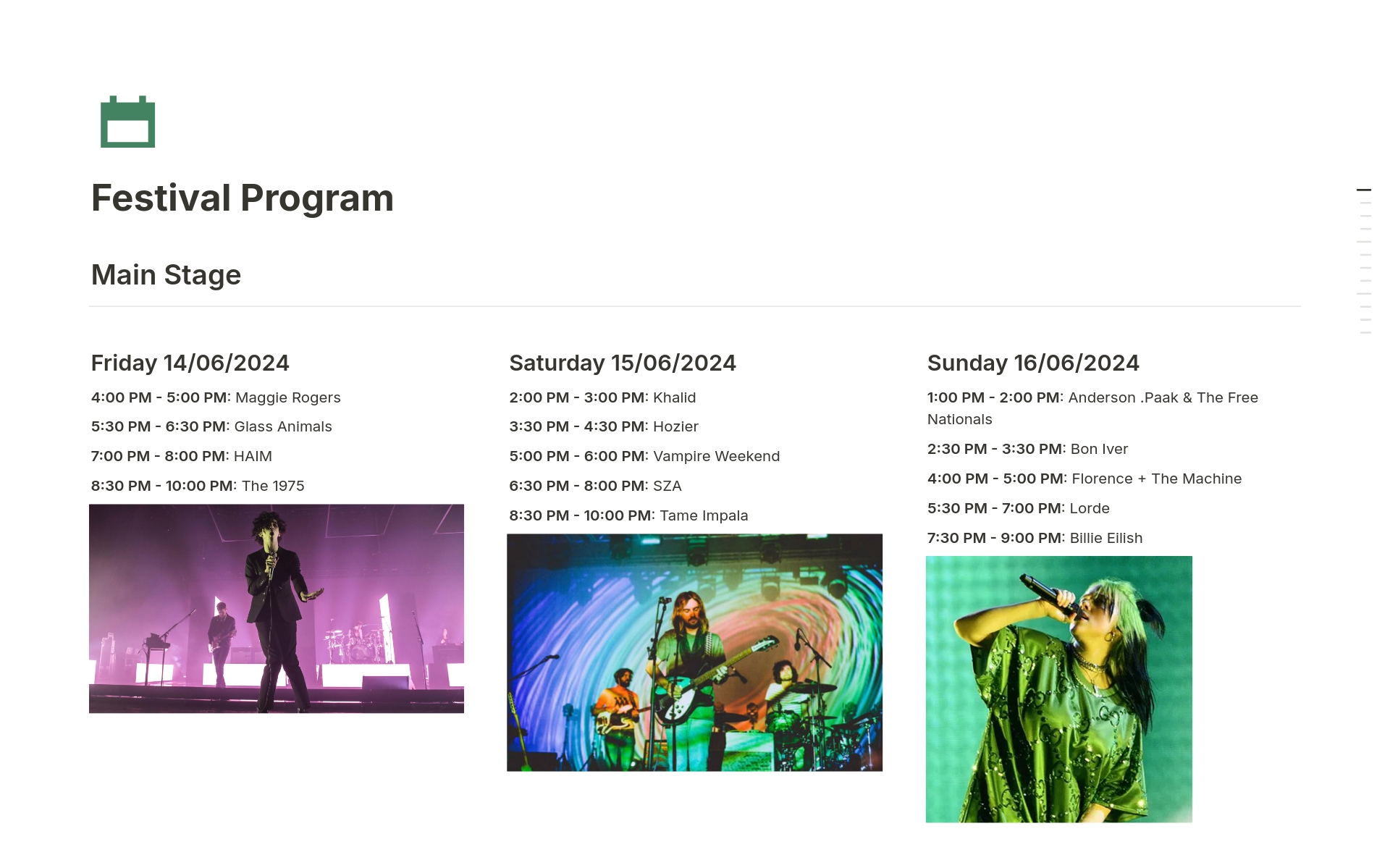 An events website template designed for a summer music festival, featuring lineup, schedule, and ticket info.