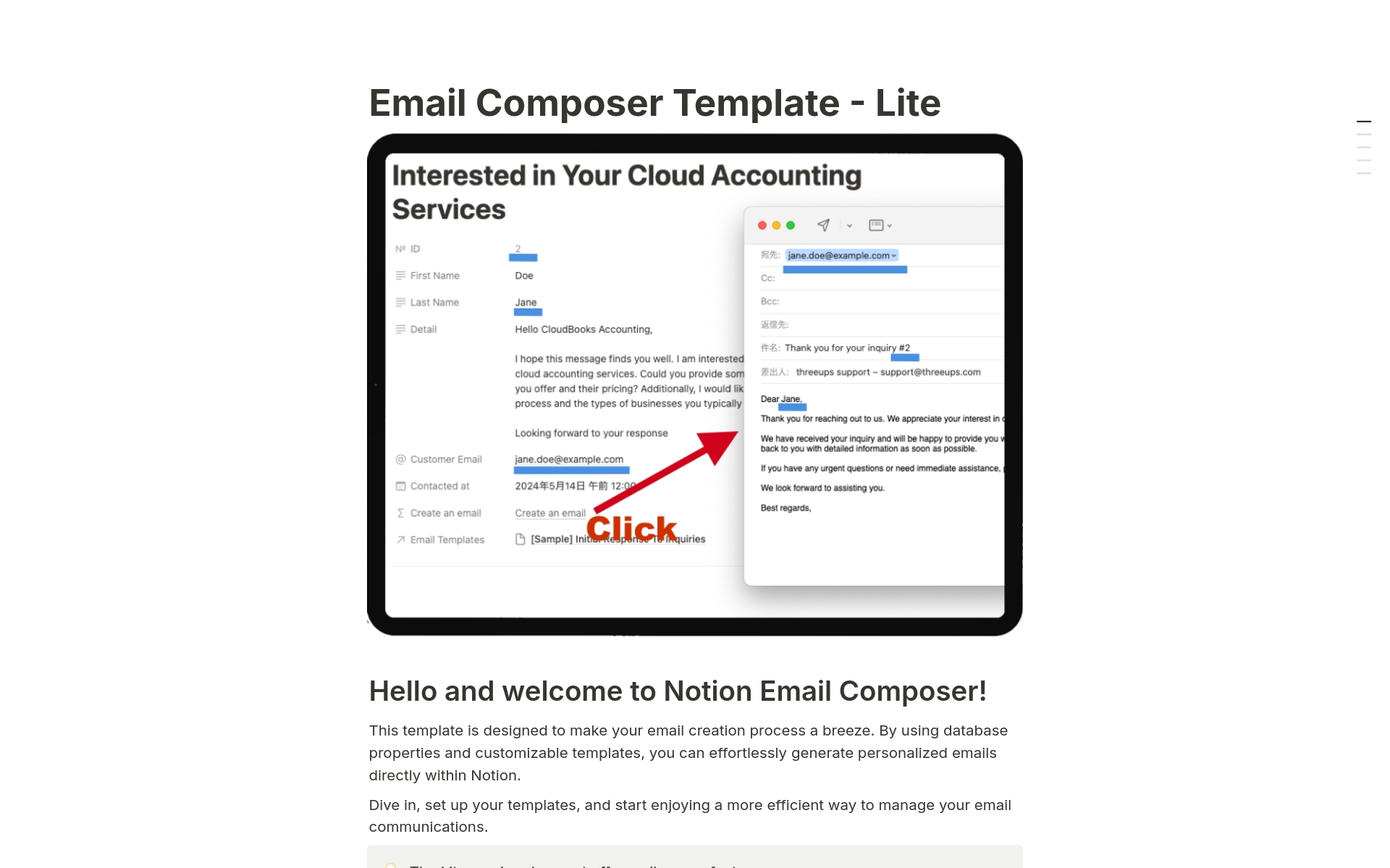 Streamline your email workflow from Notion.
With a simple click on the "Open Email" button, generate an email draft based on the selected template, and open it in your default email client. The template's subject and body will be pre-filled, ready for you to review and send.