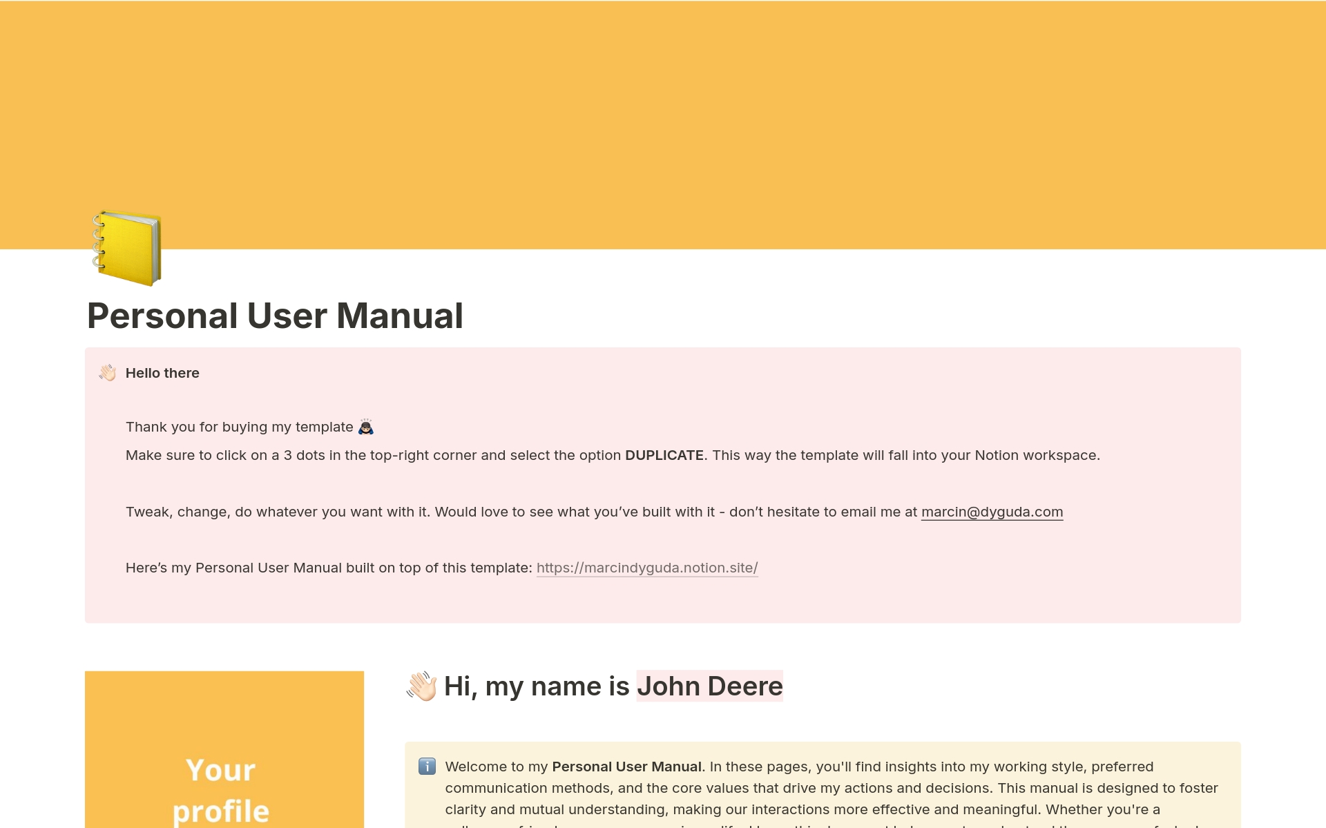 En forhåndsvisning av mal for Personal User Manual
