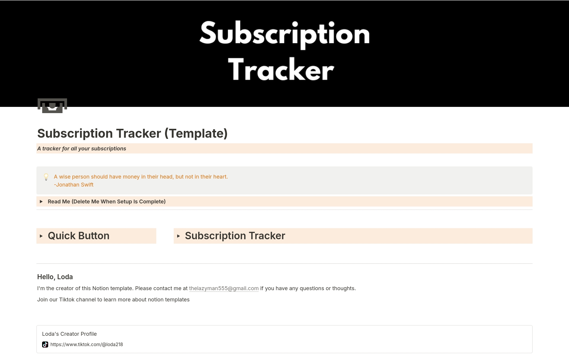 En förhandsgranskning av mallen för Subscription Tracker