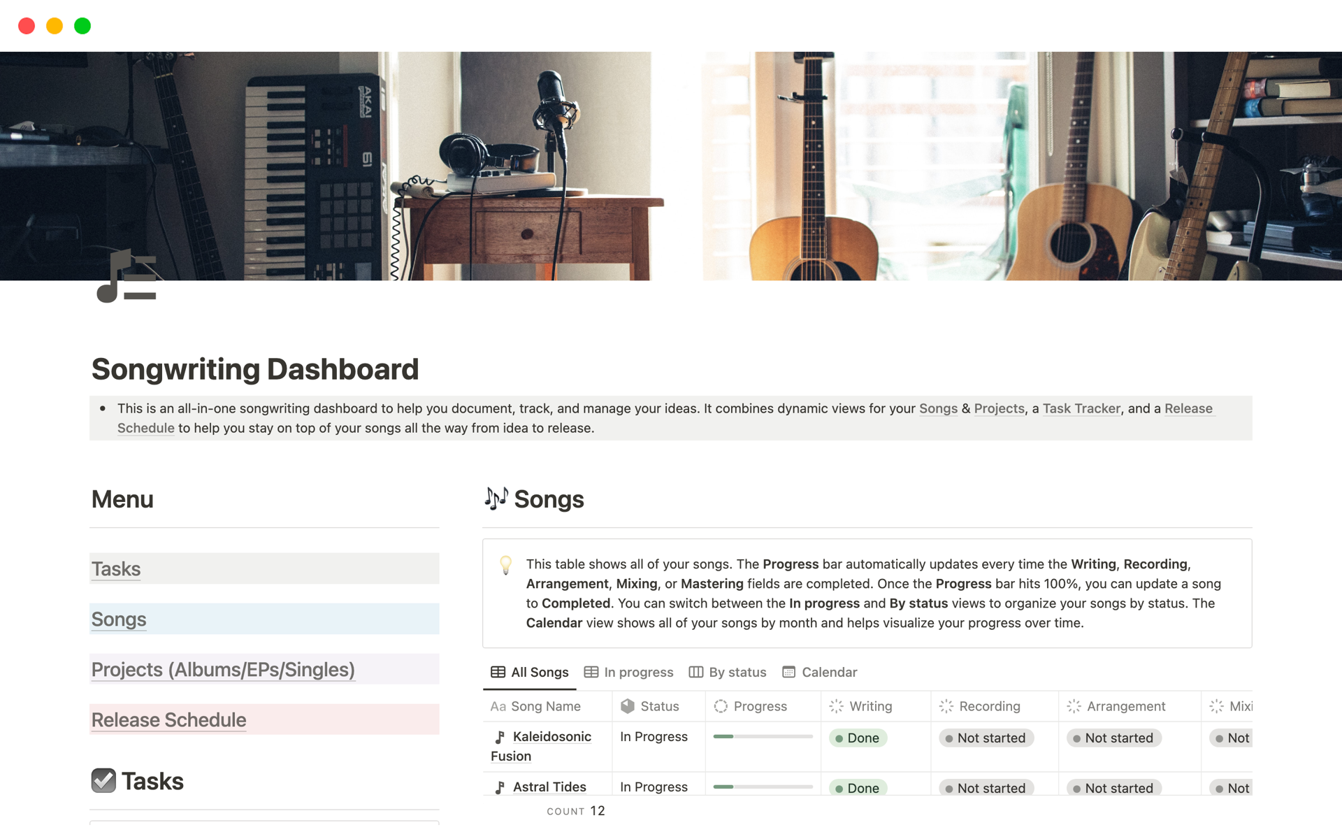 En förhandsgranskning av mallen för Songwriting Dashboard