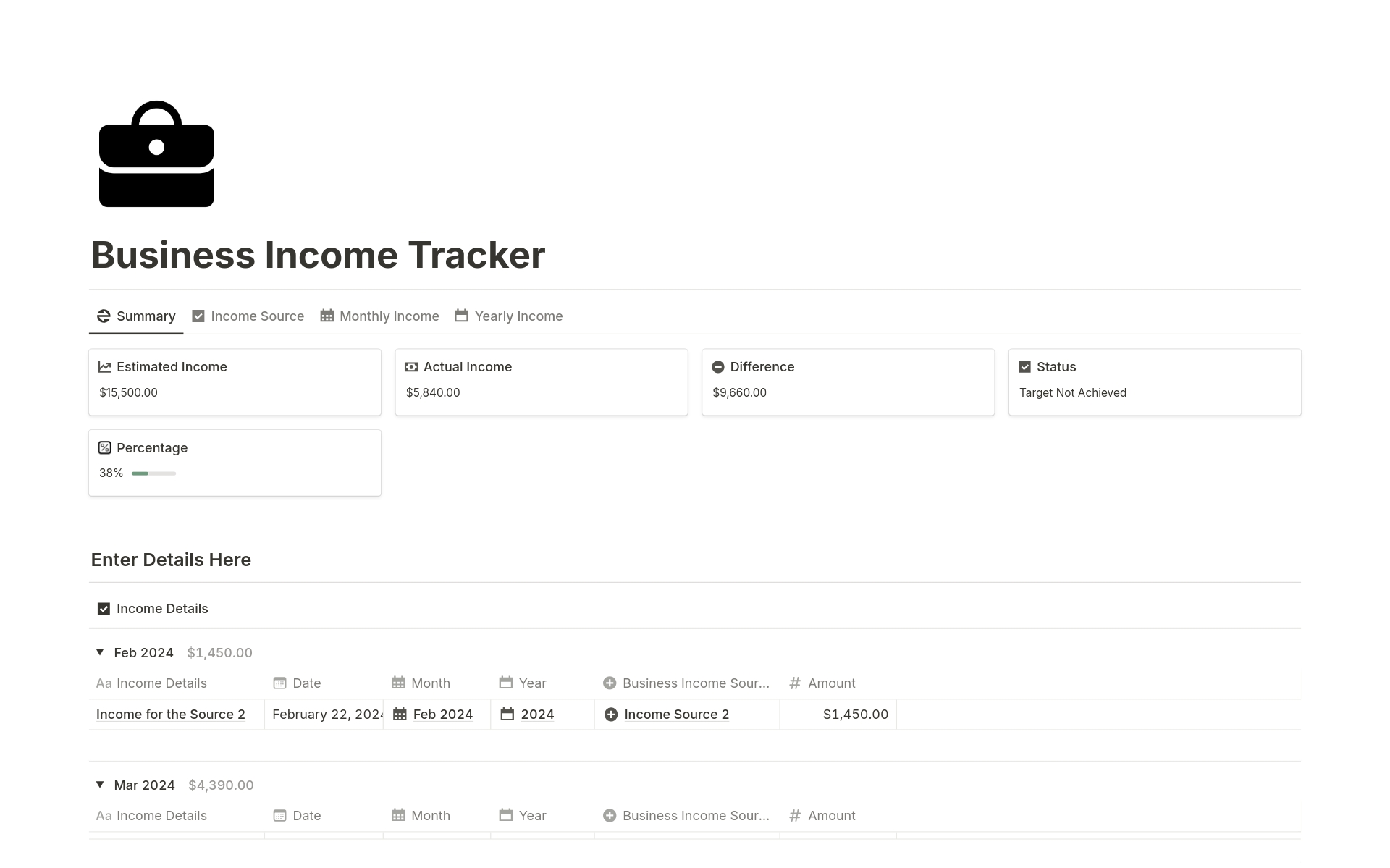 En förhandsgranskning av mallen för Business Income Tracker