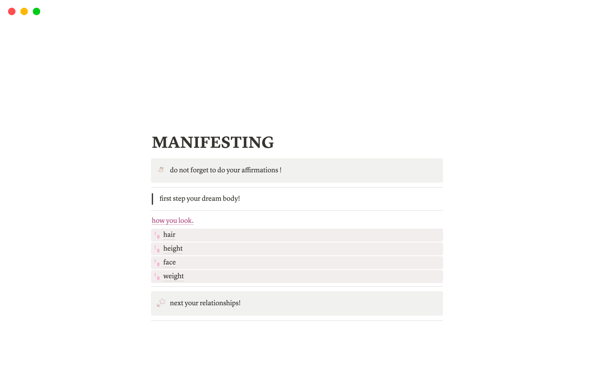 A template preview for Manifesting Temp