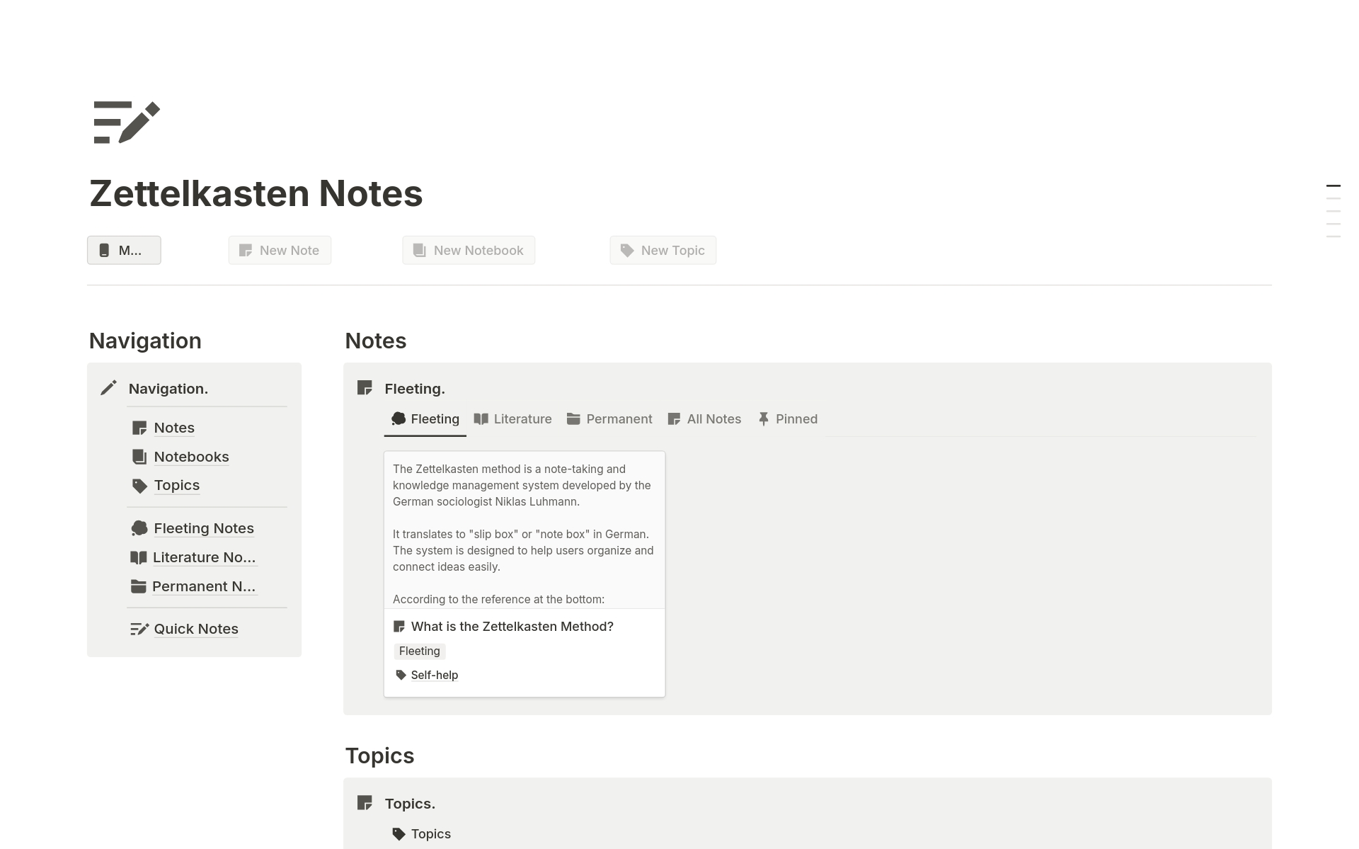 Zettelkasten Notes is an easy-to-use Notion template that uses the Zettelkasten method to help you organize your notes and build a knowledge base. This system saves you time, energy, and trouble by giving you a deadly simple and streamlined interface to jot down your notes.