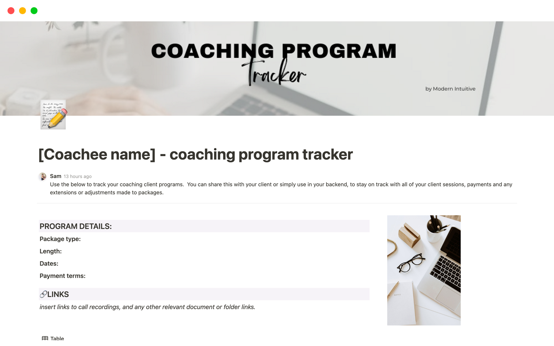 En forhåndsvisning av mal for Coaching program tracker
