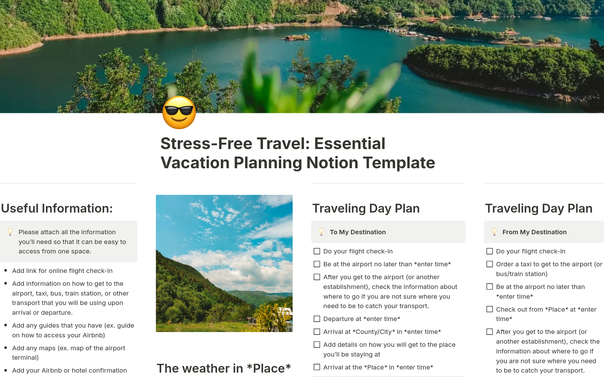 En forhåndsvisning av mal for Vacation Planning