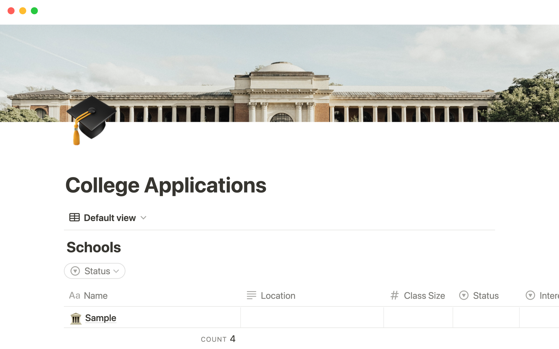 En förhandsgranskning av mallen för College application dashboard