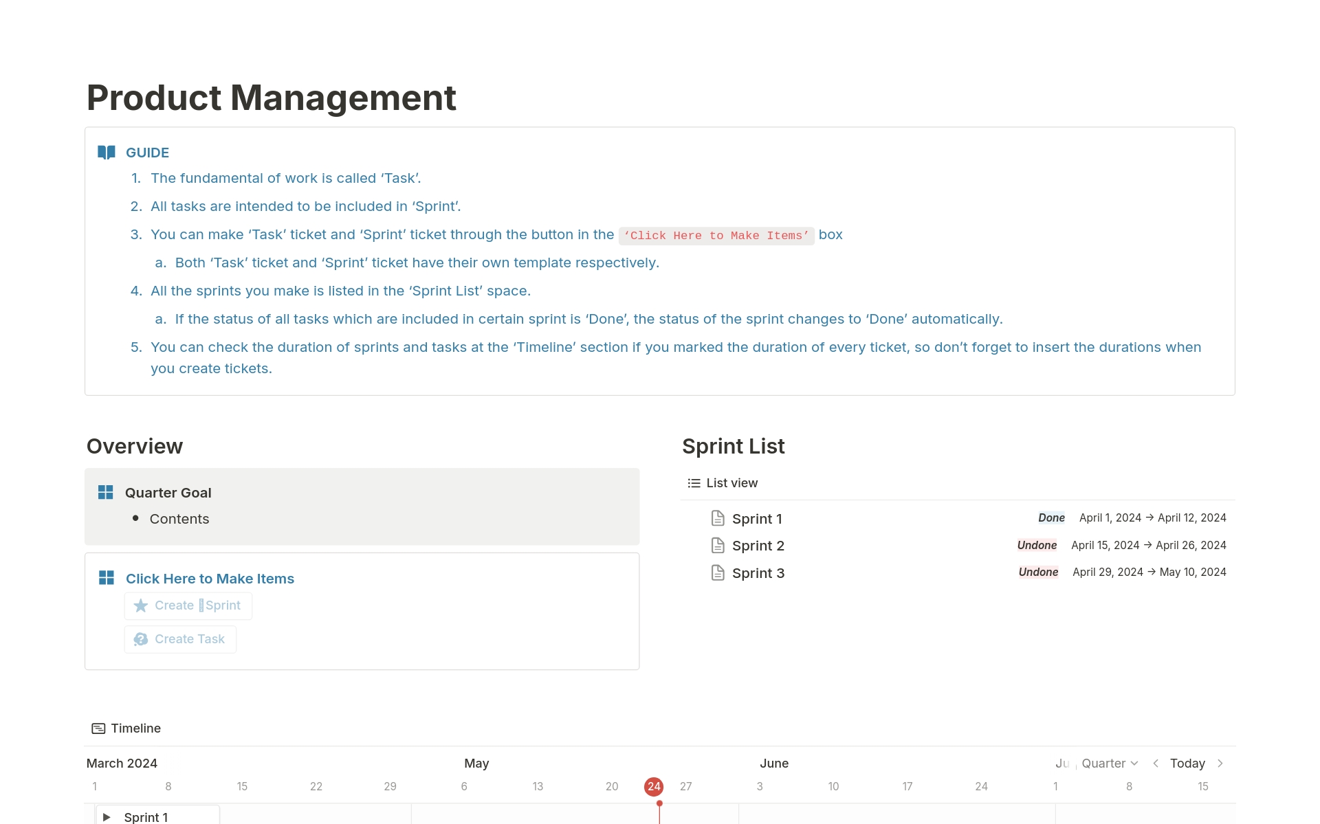A template preview for Product Management