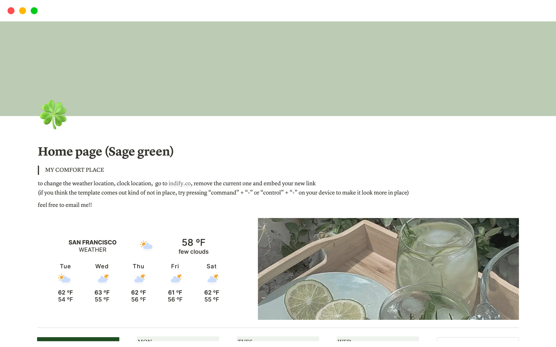En forhåndsvisning av mal for Home page (Sage green)