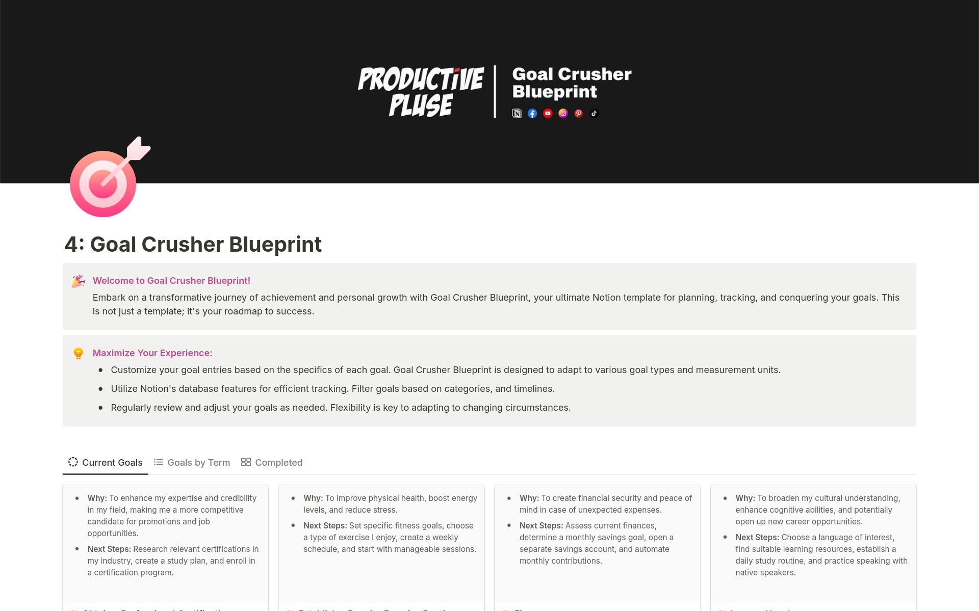 Eine Vorlagenvorschau für Goal Crusher Blueprint | Personal & Company Goals