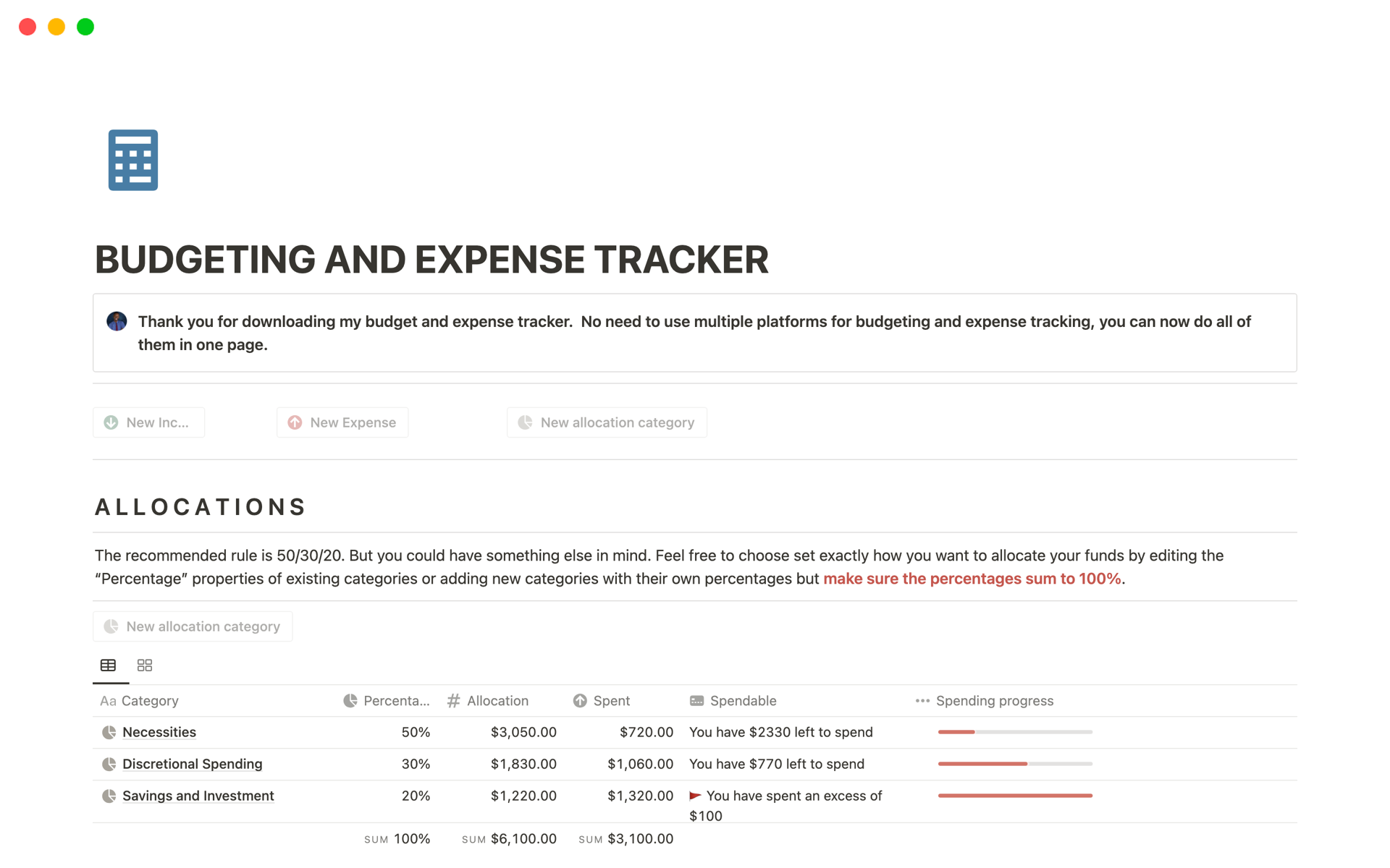 An easy-to-use budgeting and expense tracker template that helps you manage your finances realistically. Track expenses, set budgets, and achieve financial stability effortlessly.