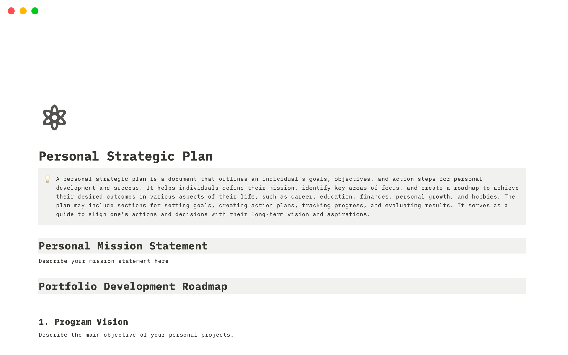 En förhandsgranskning av mallen för Personal Strategic Plan