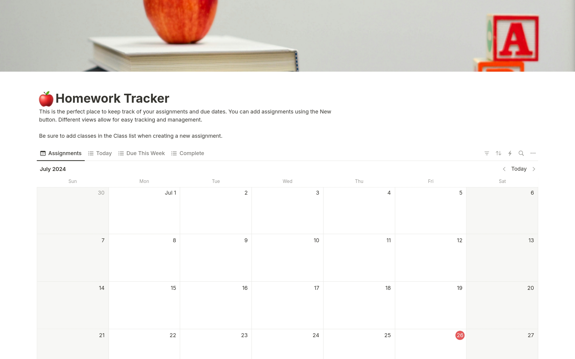 Vista previa de una plantilla para Homework & Assignment Tracker
