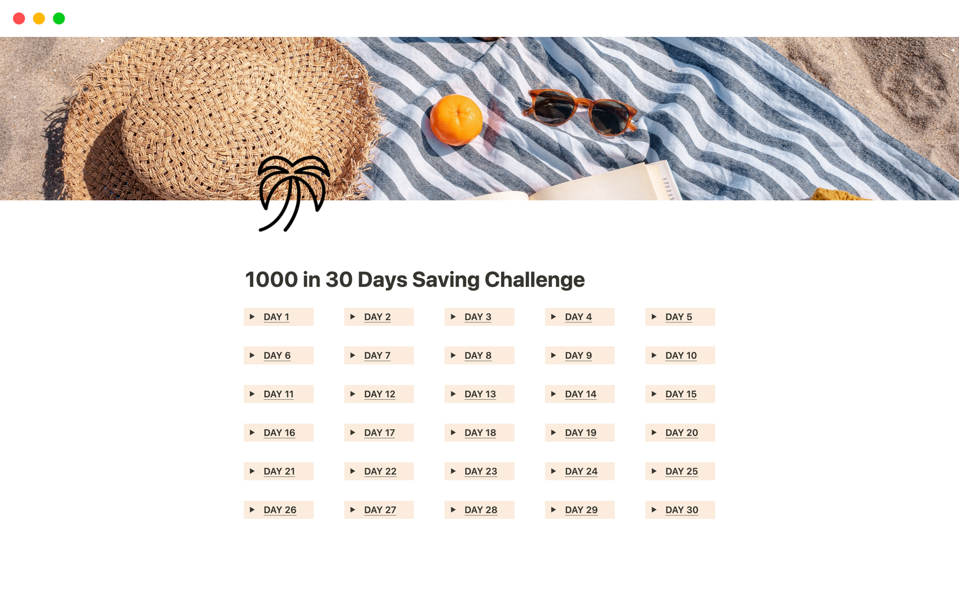 Uma prévia do modelo para 1000 in 30 Days Saving Challenge