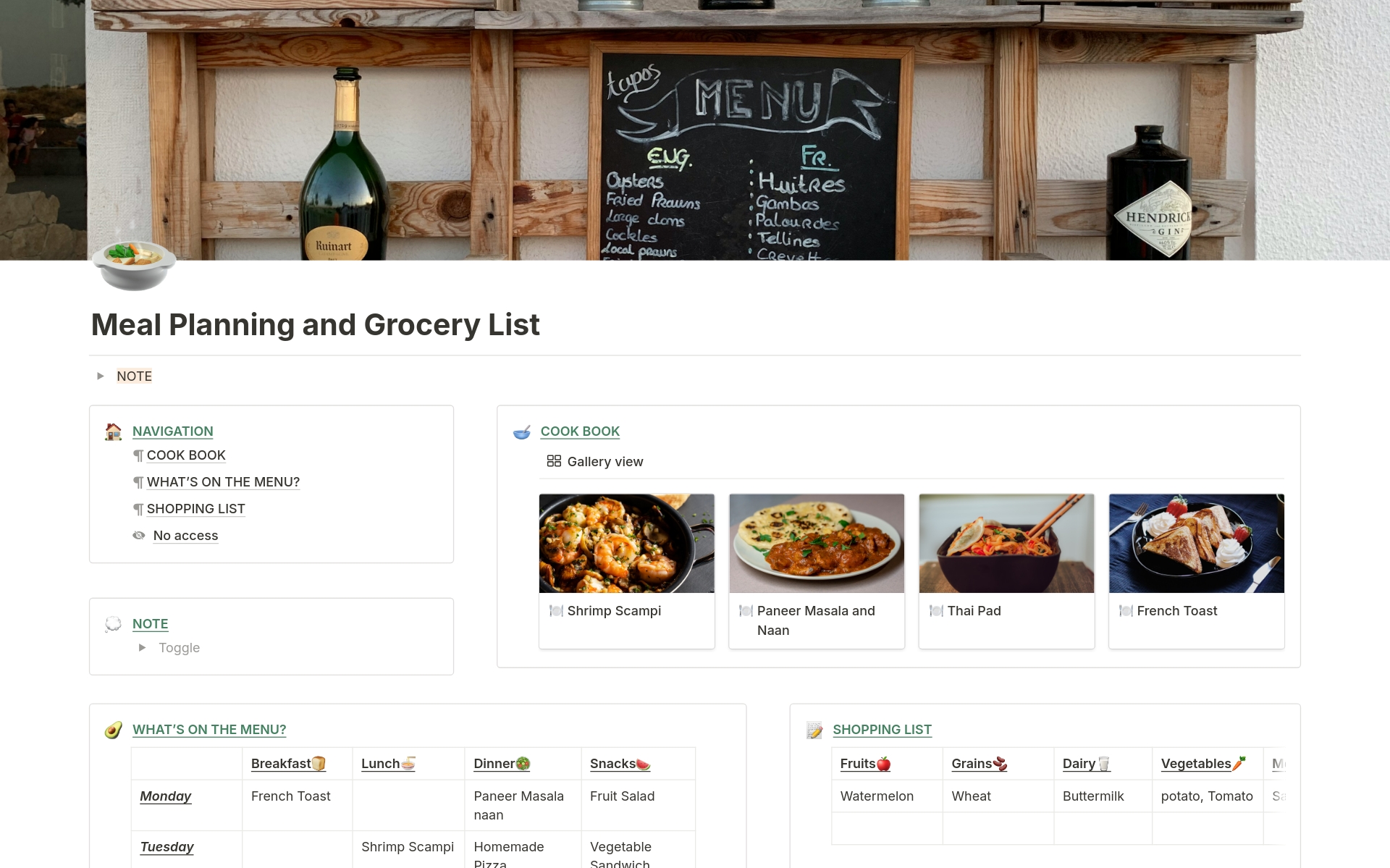 A template preview for Meal Planning and Grocery List