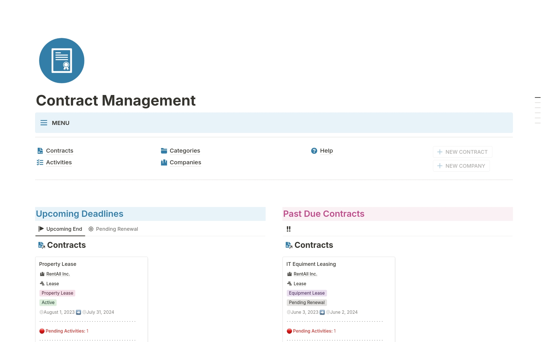A template preview for Contract Management