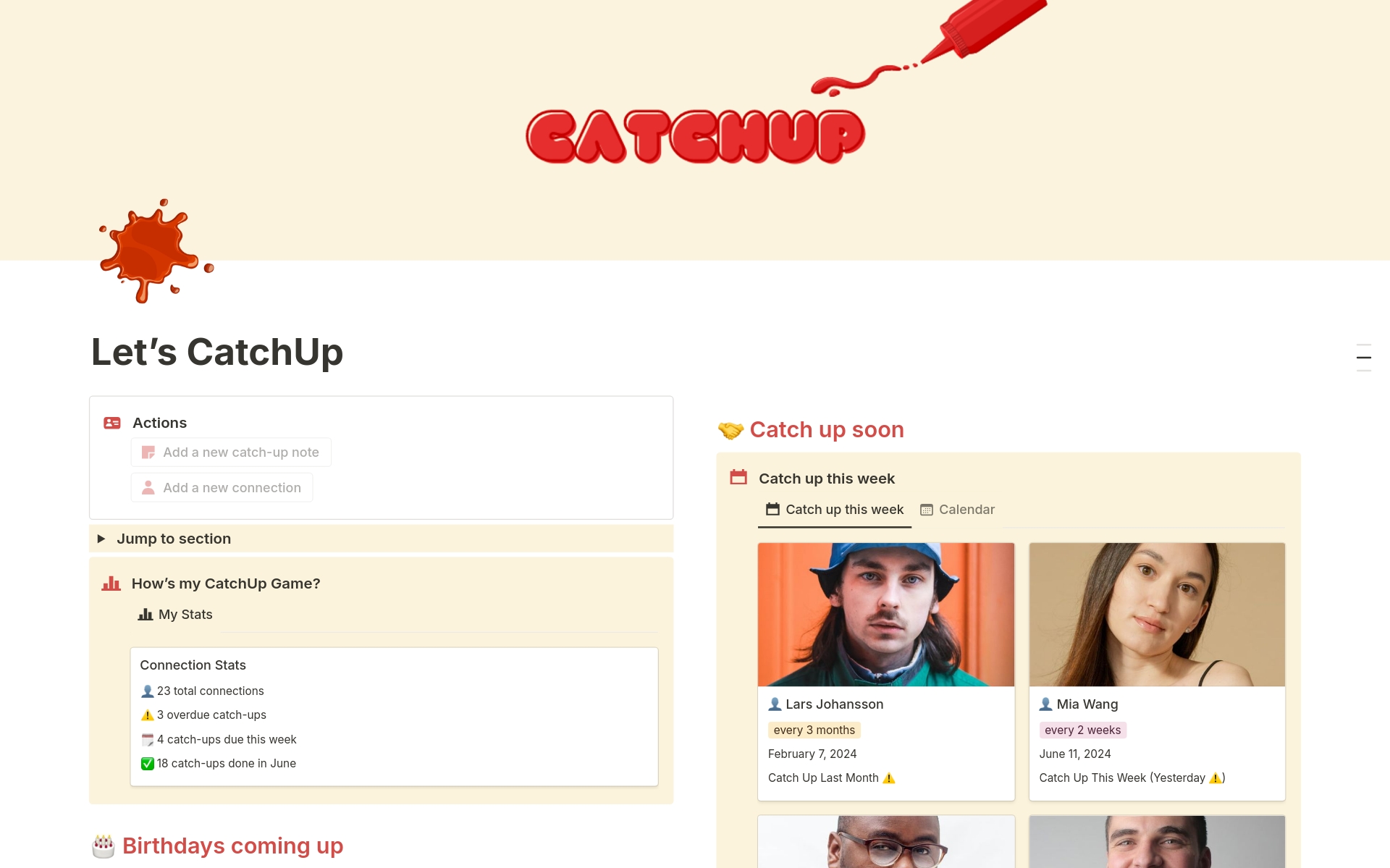 CatchUp is a powerful Personal CRM designed to help you manage and nurture every relationship in your life, from personal friends to professional connections and everything in between. Effortlessly track interactions, organize contacts, and ensure you never miss a moment.