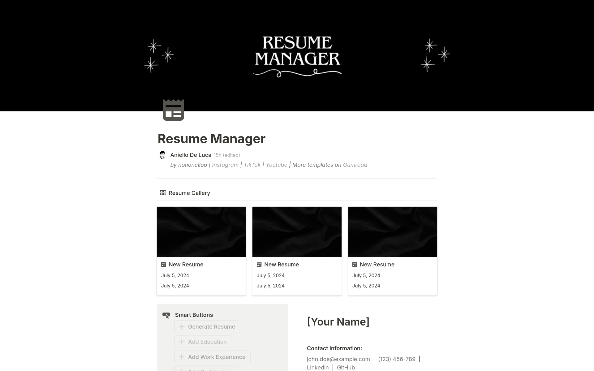 Effortlessly manage your resume with our comprehensive template. Organize work experience, education, certifications, projects, languages, and skills in one place. Perfect for professionals seeking an easy-to-use resume tool. Follow us on TikTok, YouTube, and GumRoad for more. 