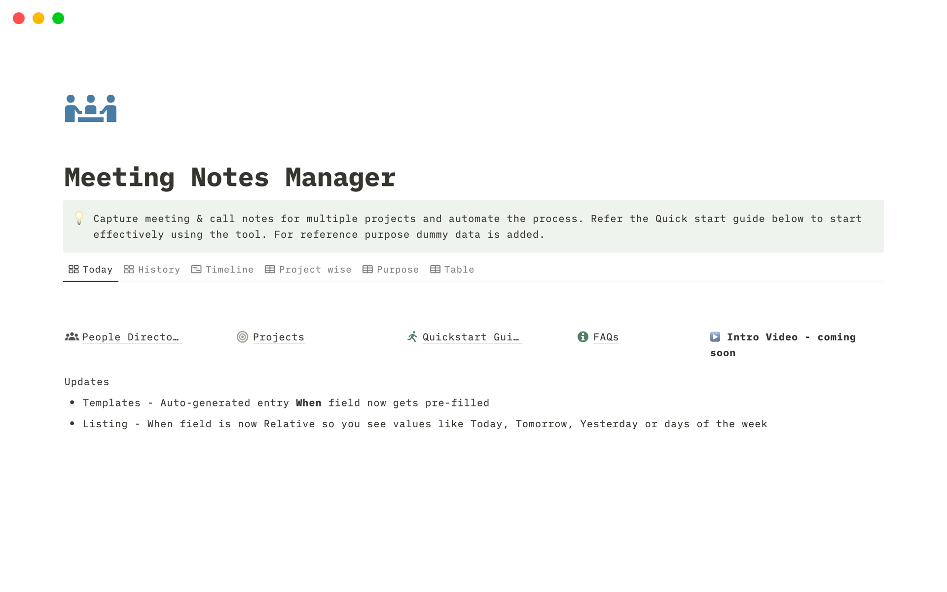 Vista previa de una plantilla para Meeting Notes Manager