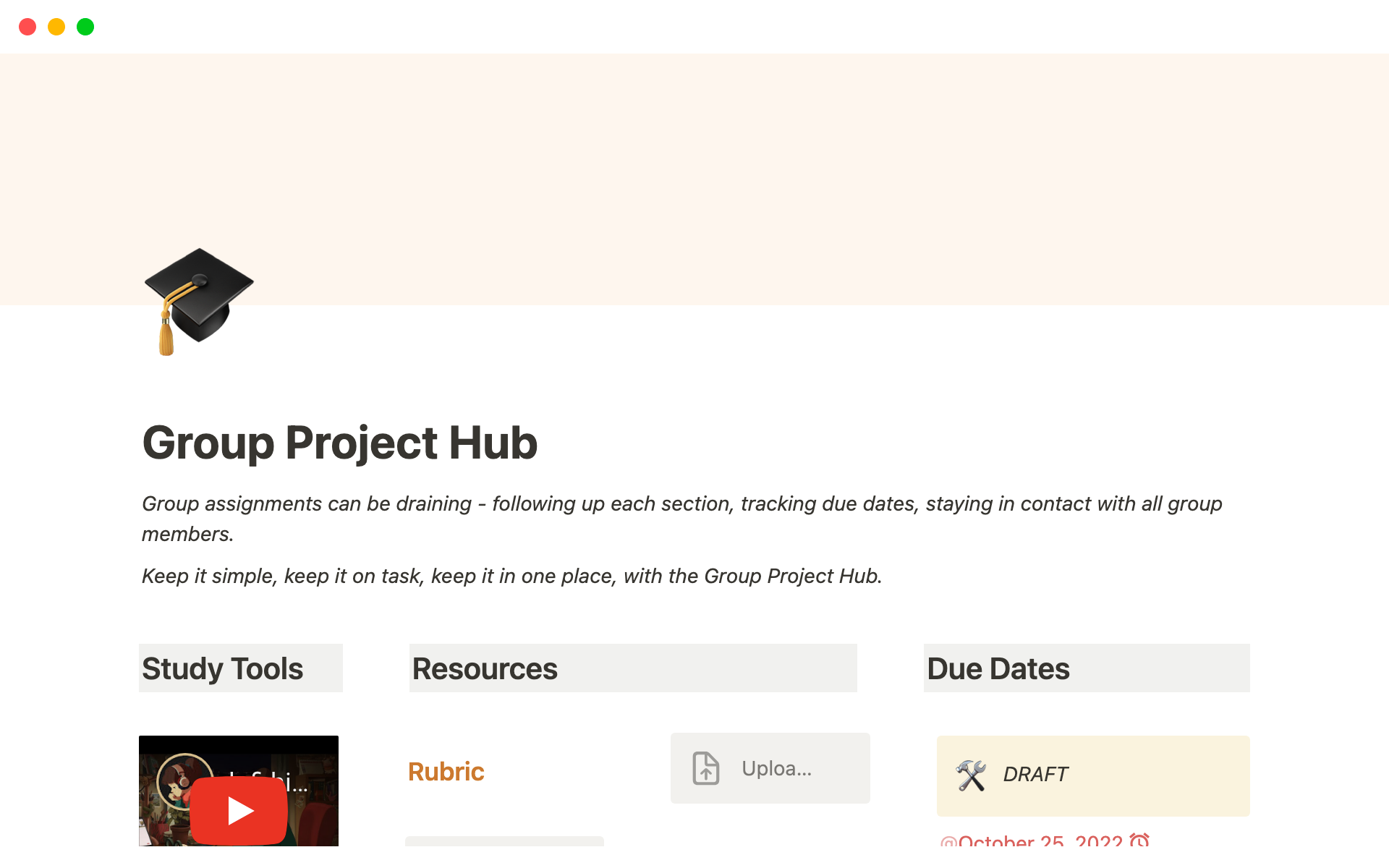 En forhåndsvisning av mal for Group project hub