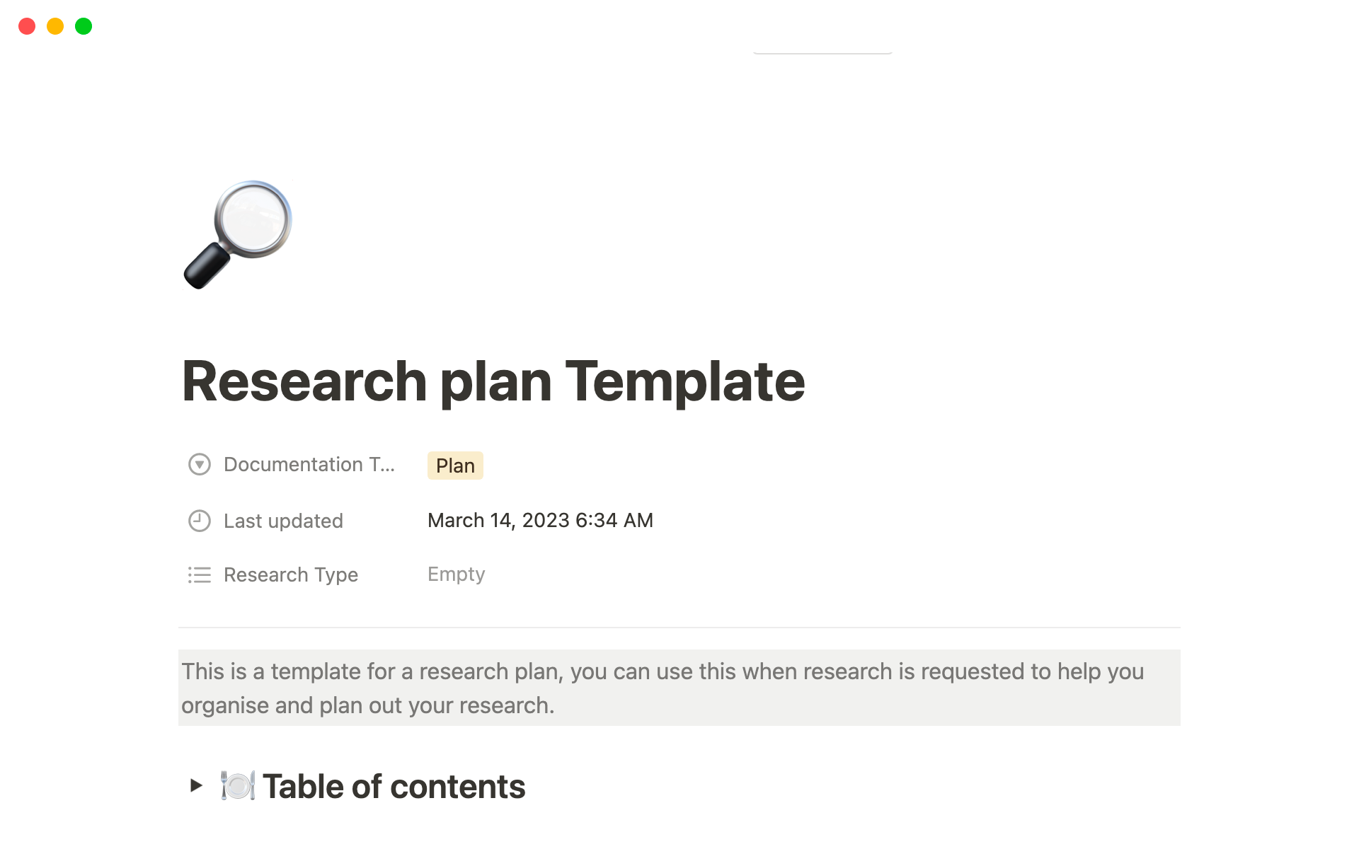 En förhandsgranskning av mallen för Research Plan Template