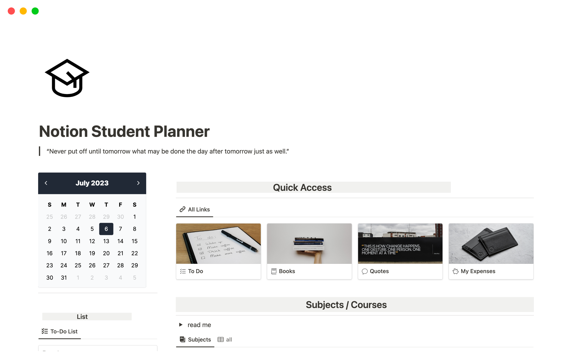 This template and its central dashboard allow for planning, organizing, and tracking school activities, including class notes, daily to-dos, and updates on exams, homework, assignments, and tests.