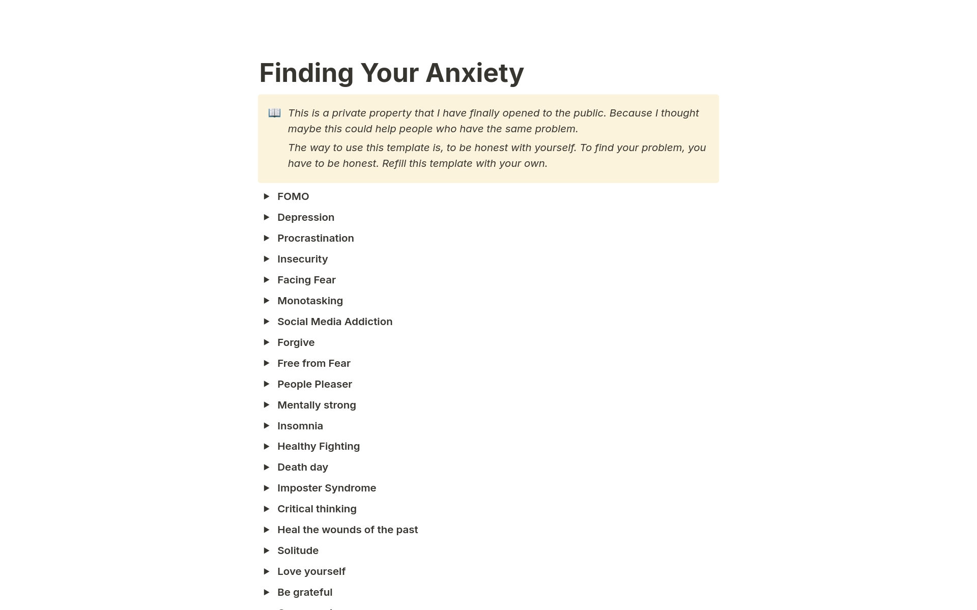 En forhåndsvisning av mal for Finding Your Anxiety