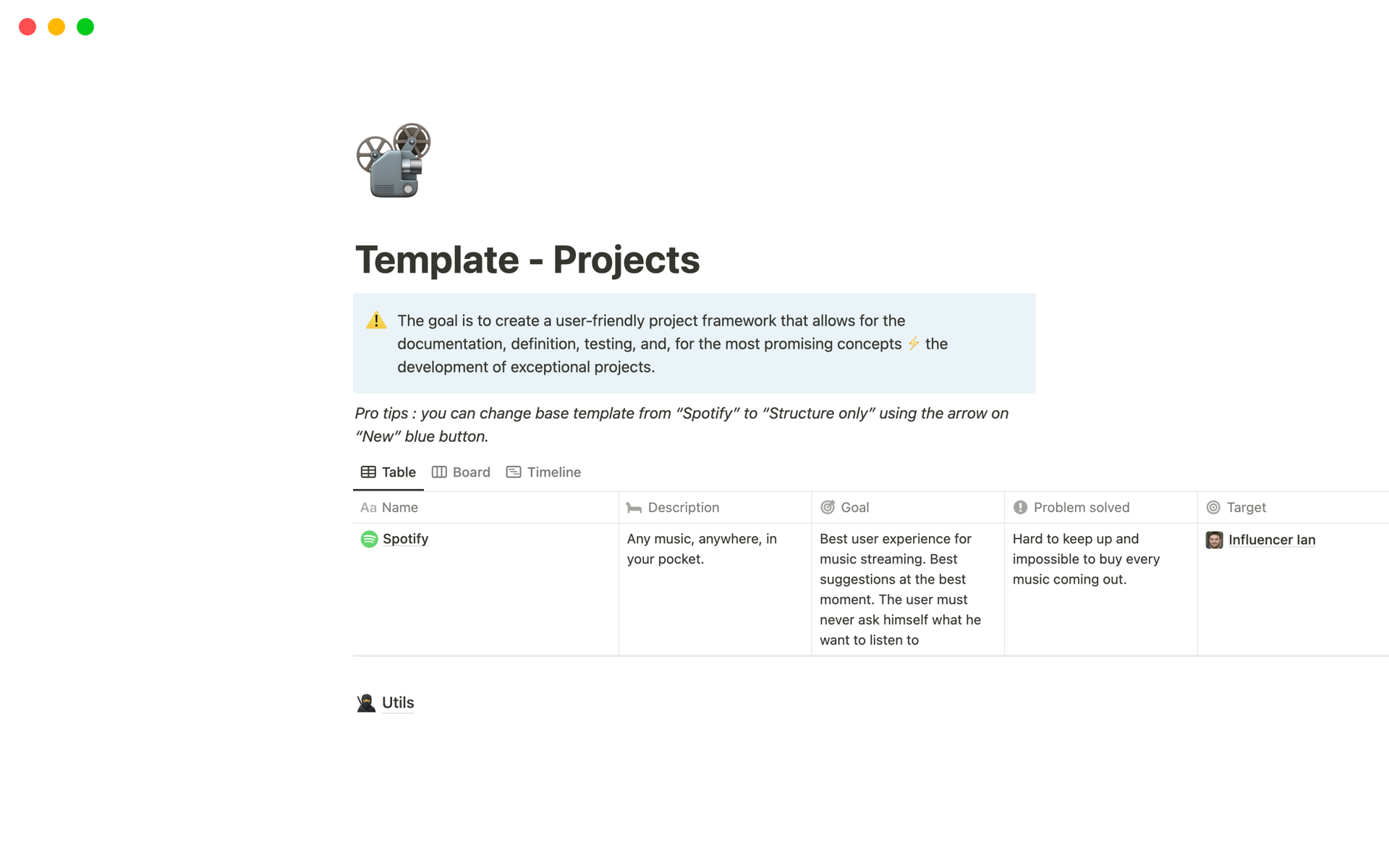 Provide a simple template to organize and test project & startup ideas.