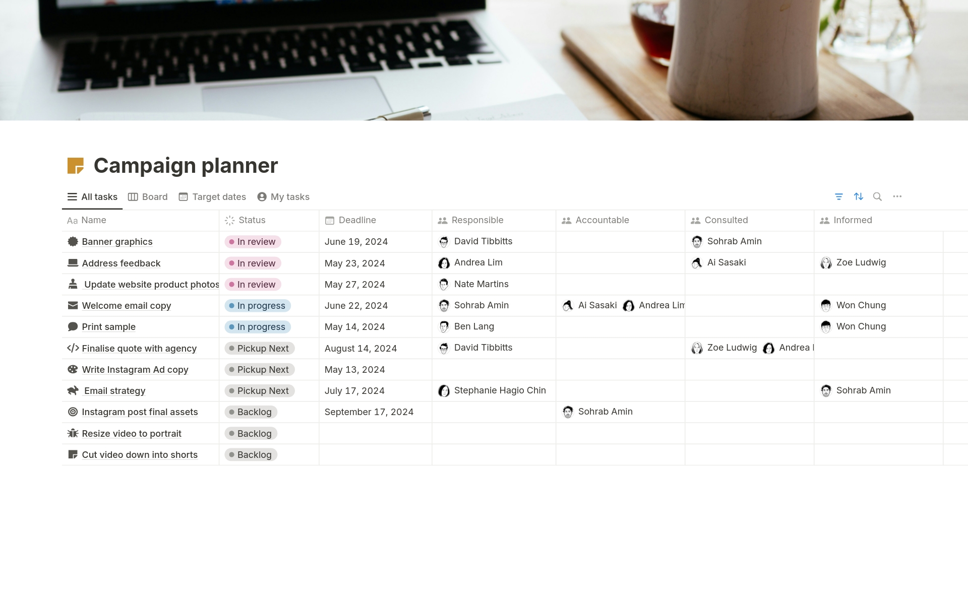 A template preview for Campaign planner with RACI