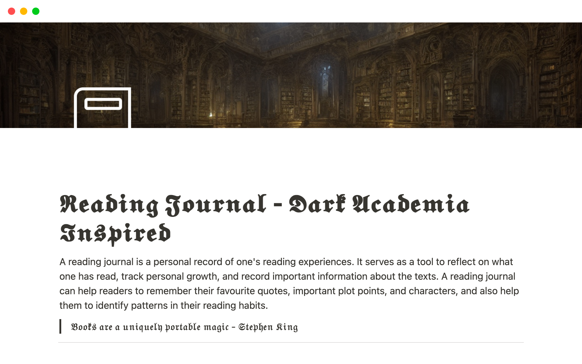 A template preview for Reading Journal - Dark Academia Inspired