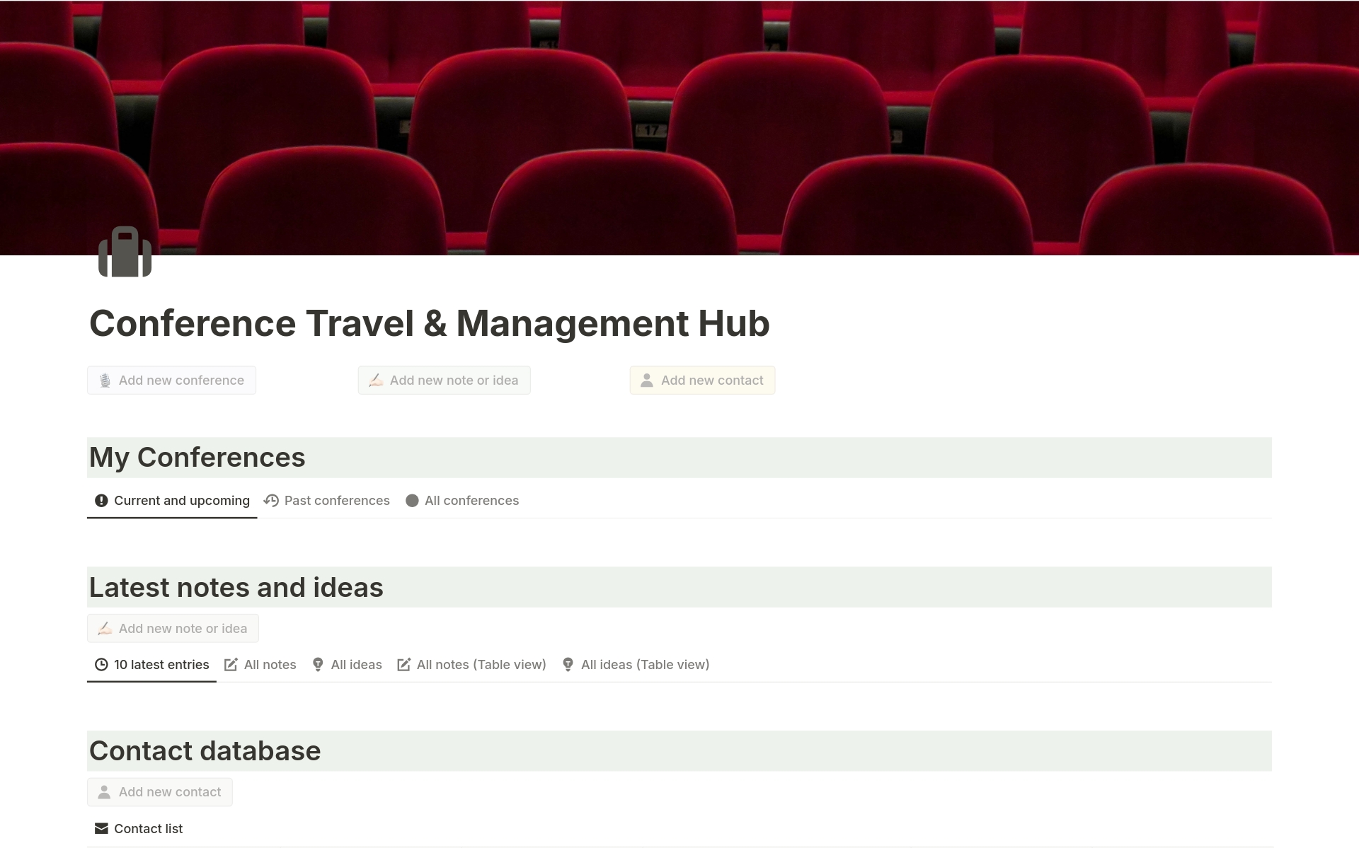 En förhandsgranskning av mallen för Conference Travel & Management Hub for Academics