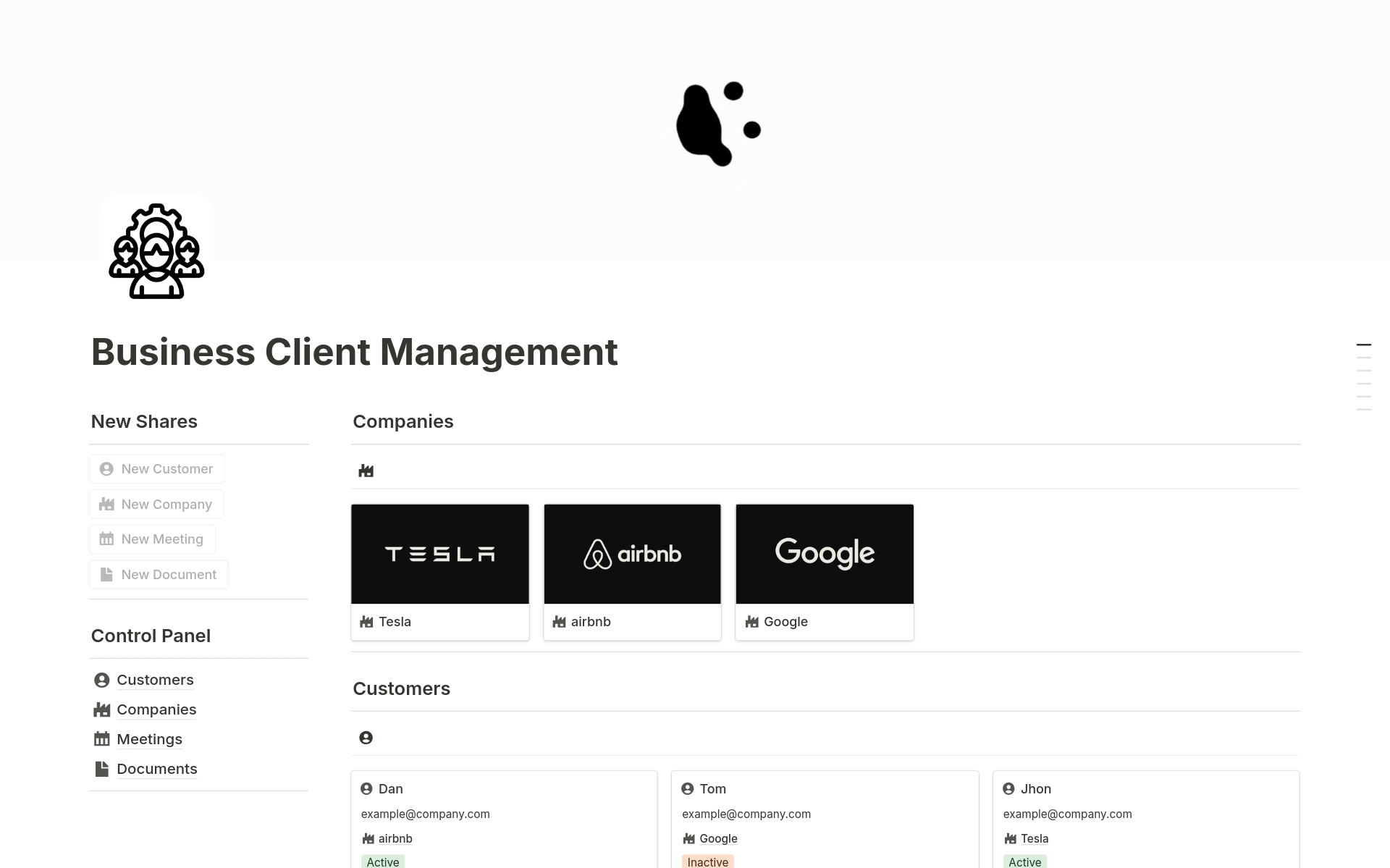 A template preview for Business Client Management