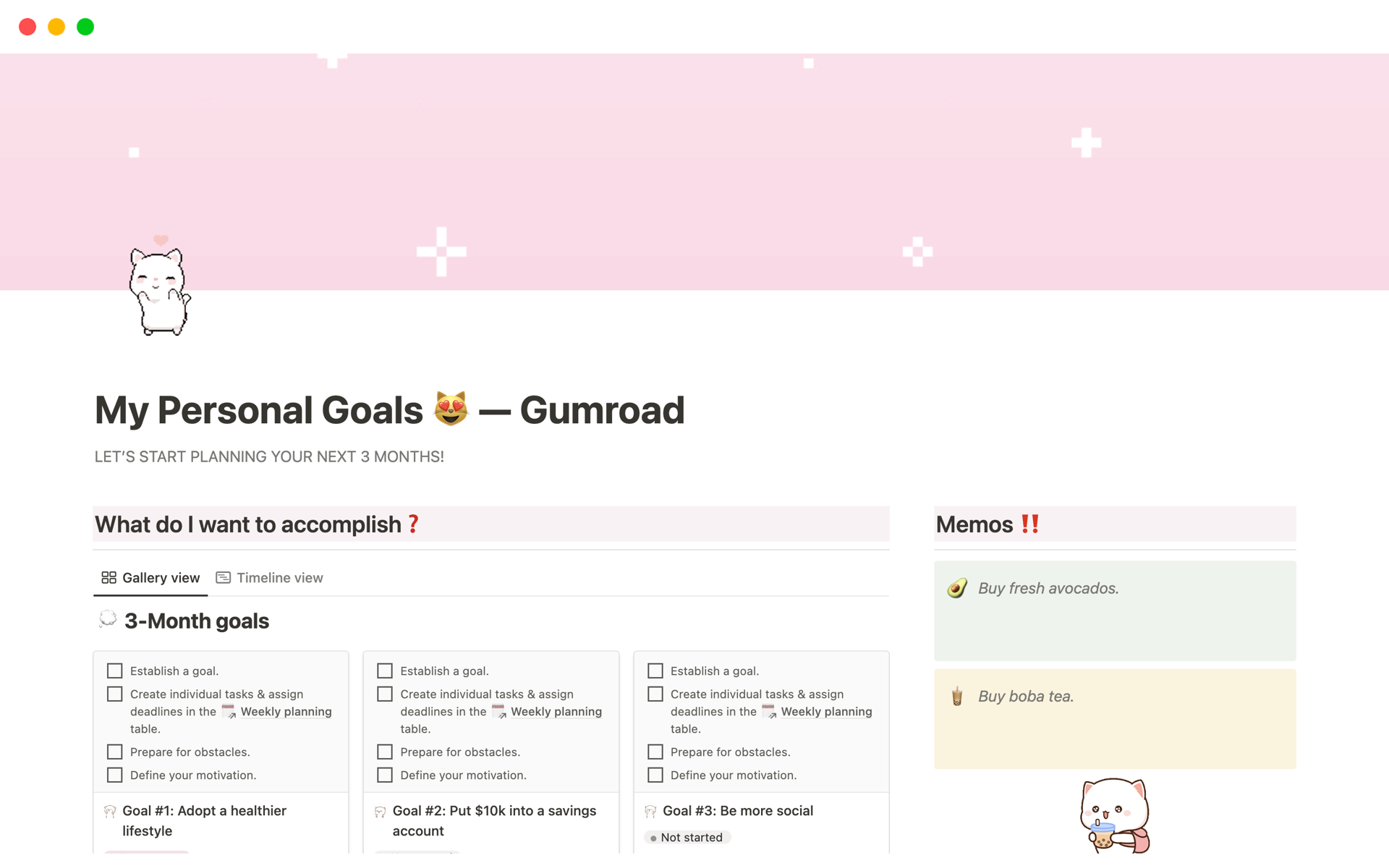 Eine Vorlagenvorschau für Personal Goals planner | Kawaii Aesthetic