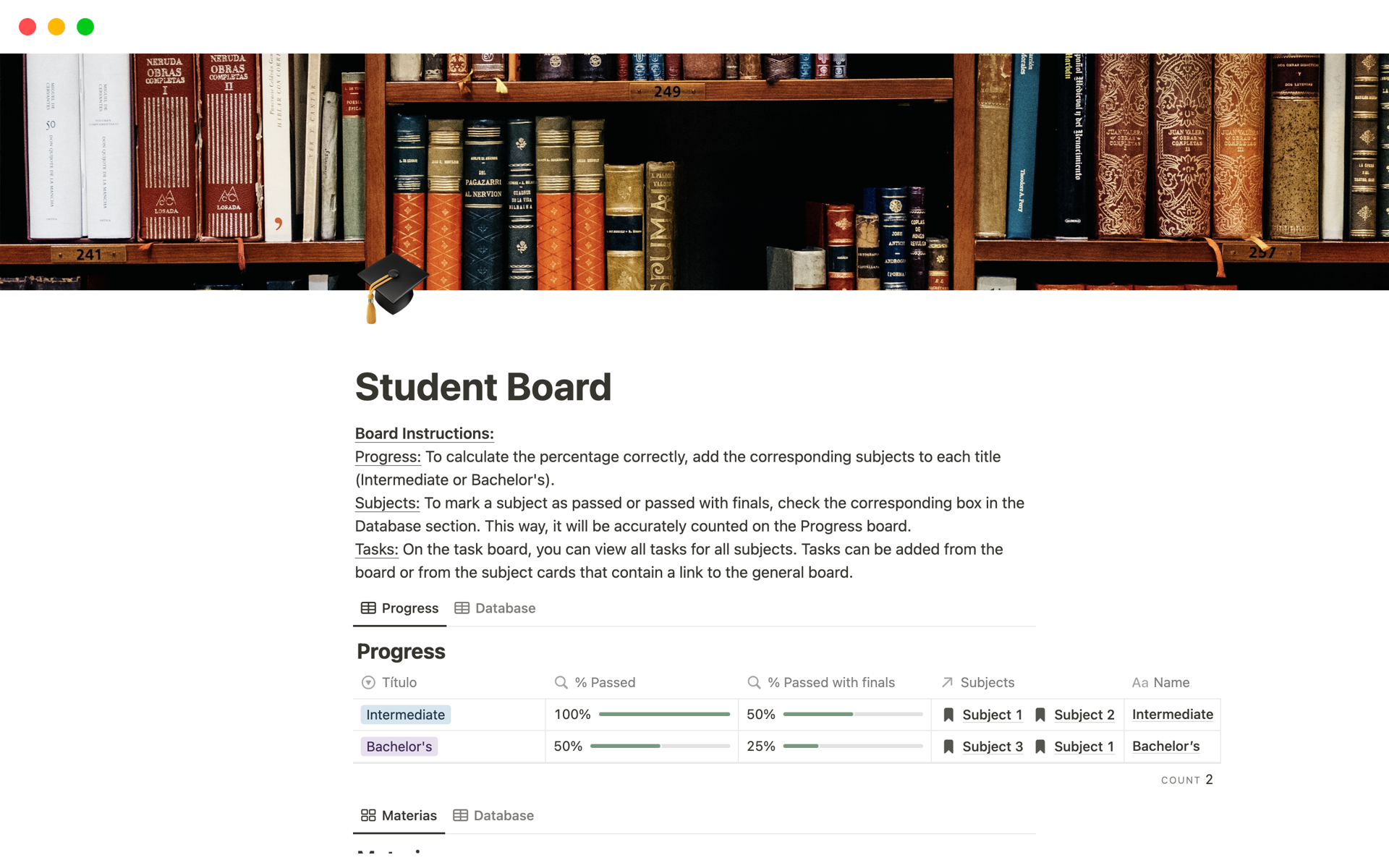 A template preview for Student Board